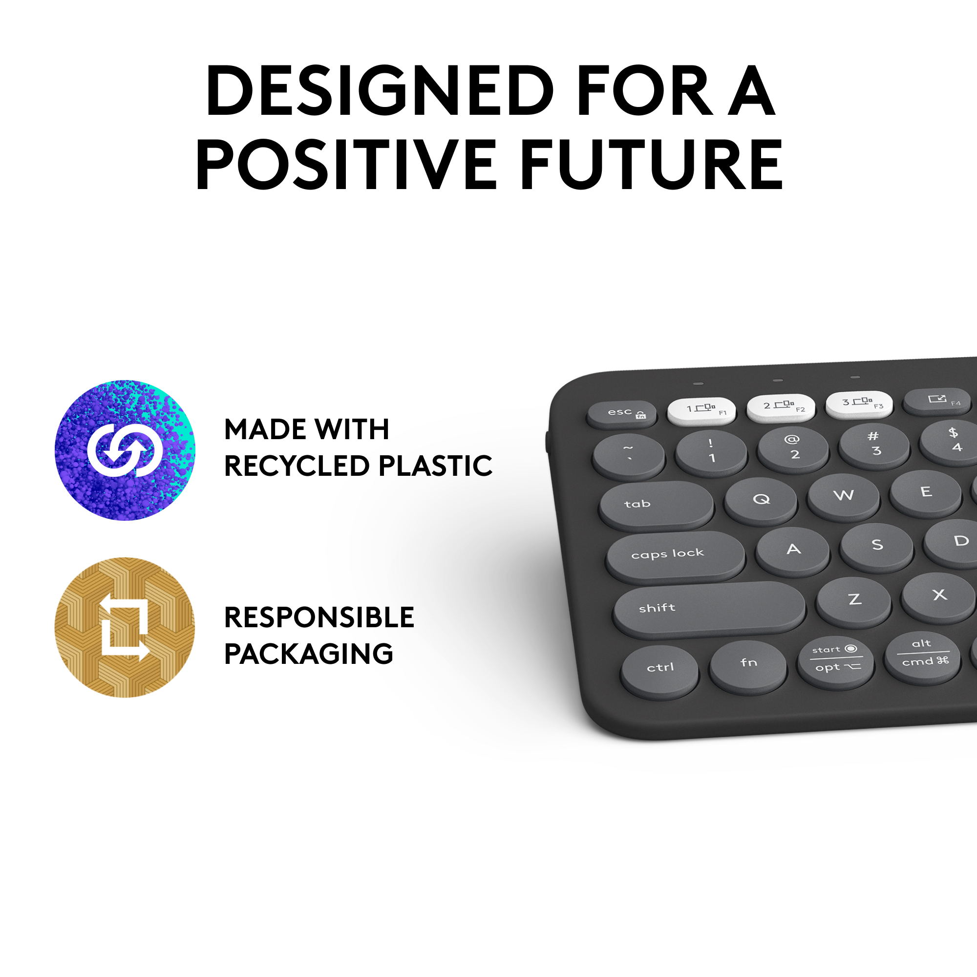 Una tastiera nera con tasti grigi, con le parole 'MADE WITH RECYCLED PLASTIC'.