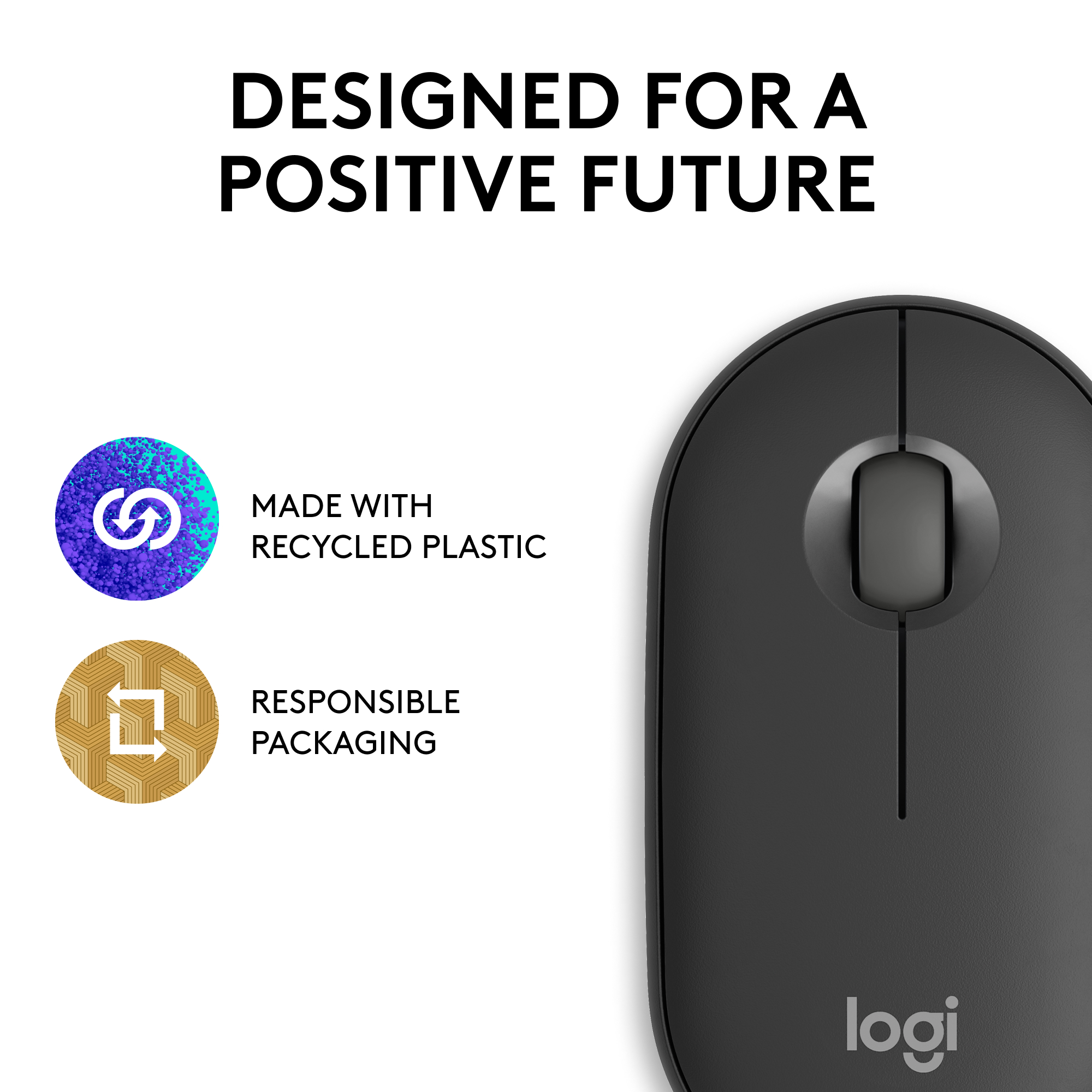 Mouse nero con un logo, circondato da testo e icone.