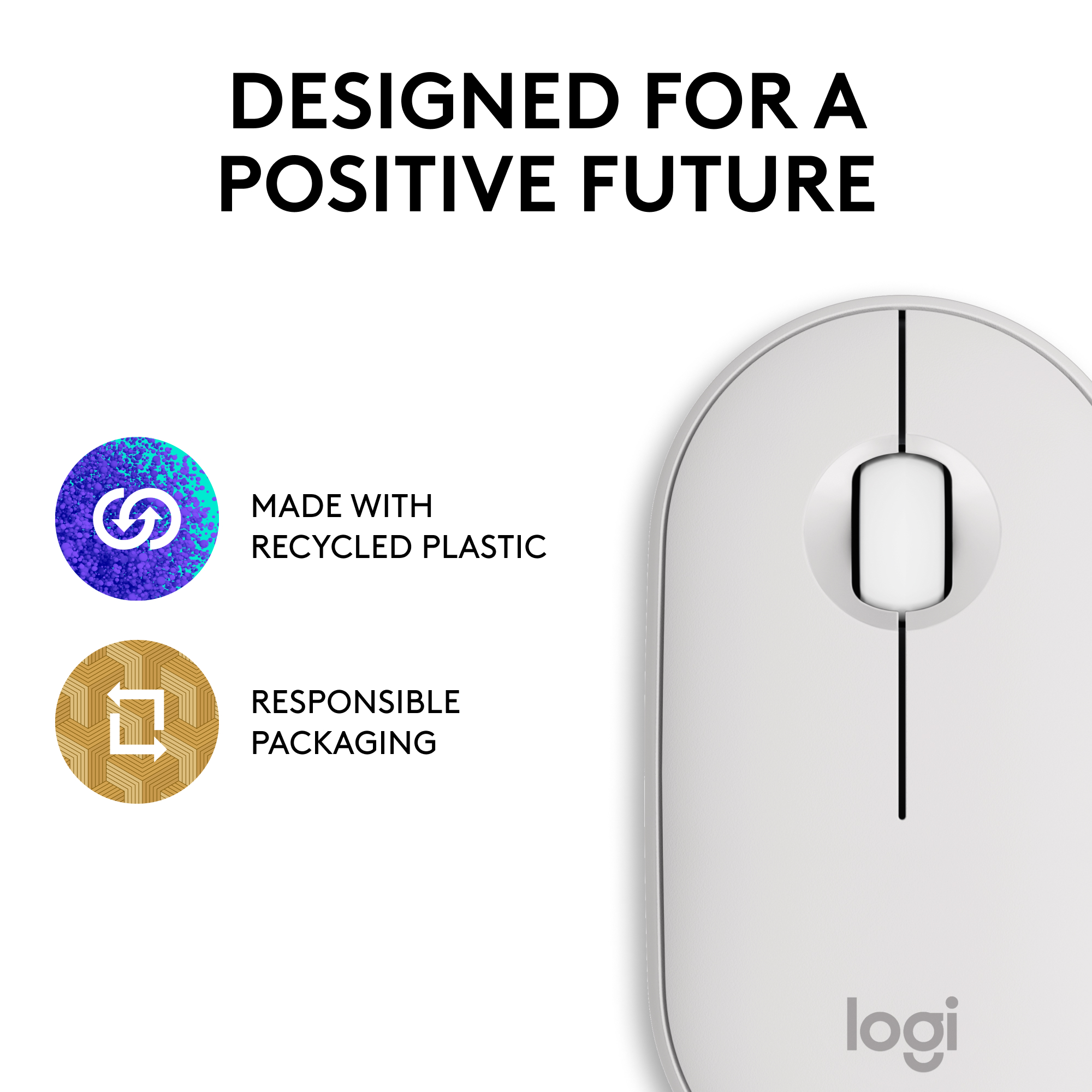 Une souris d'ordinateur blanche avec du texte sur le plastique recyclé et l'emballage responsable.