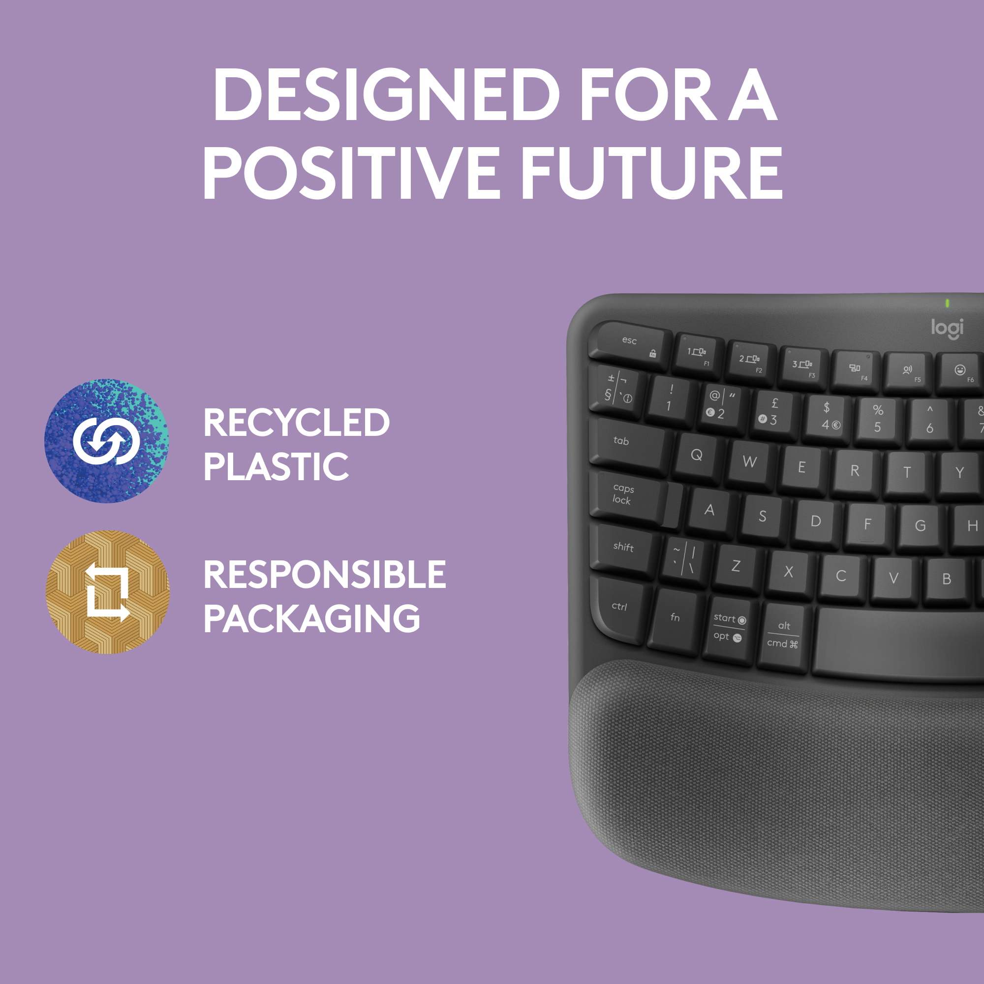 Schwarze Tastatur mit Text Recyceltes Plastik Verantwortungsbewusste Verpackung.