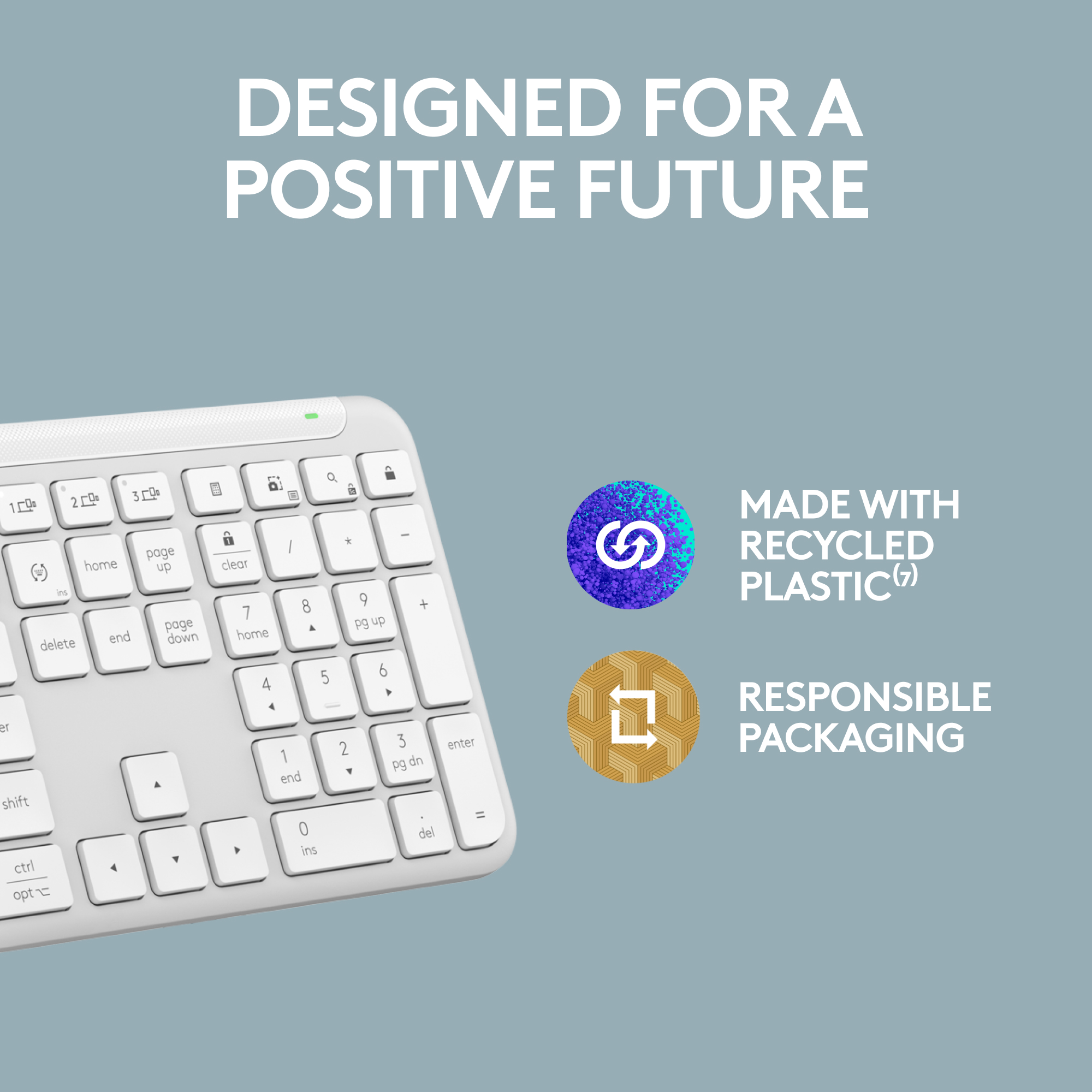Weiße Tastatur mit Text 'Designed for a positive future' und Icons.