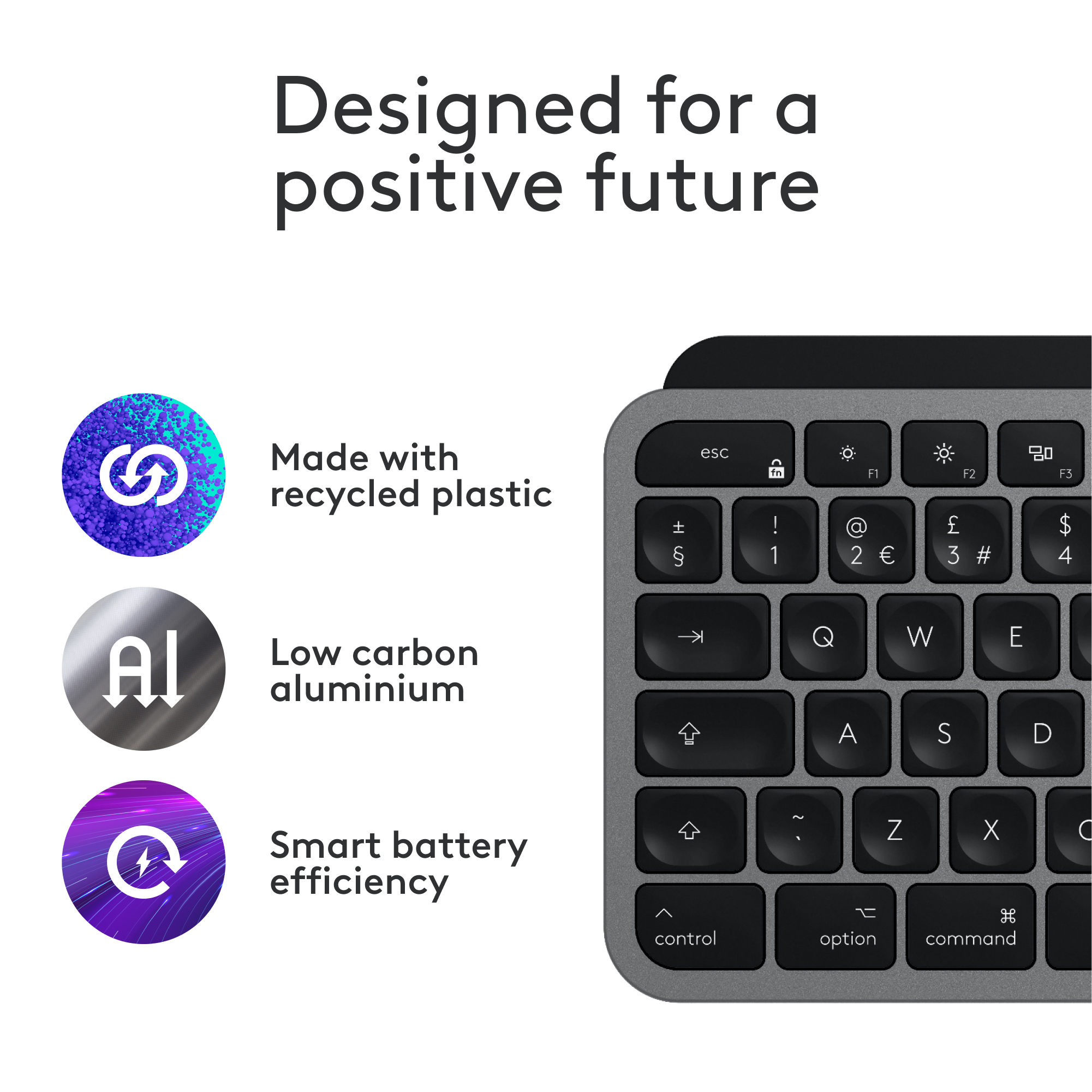 Tastiera con vista ravvicinata con icone per realizzata in plastica riciclata, alluminio a basso tenore di carbonio.