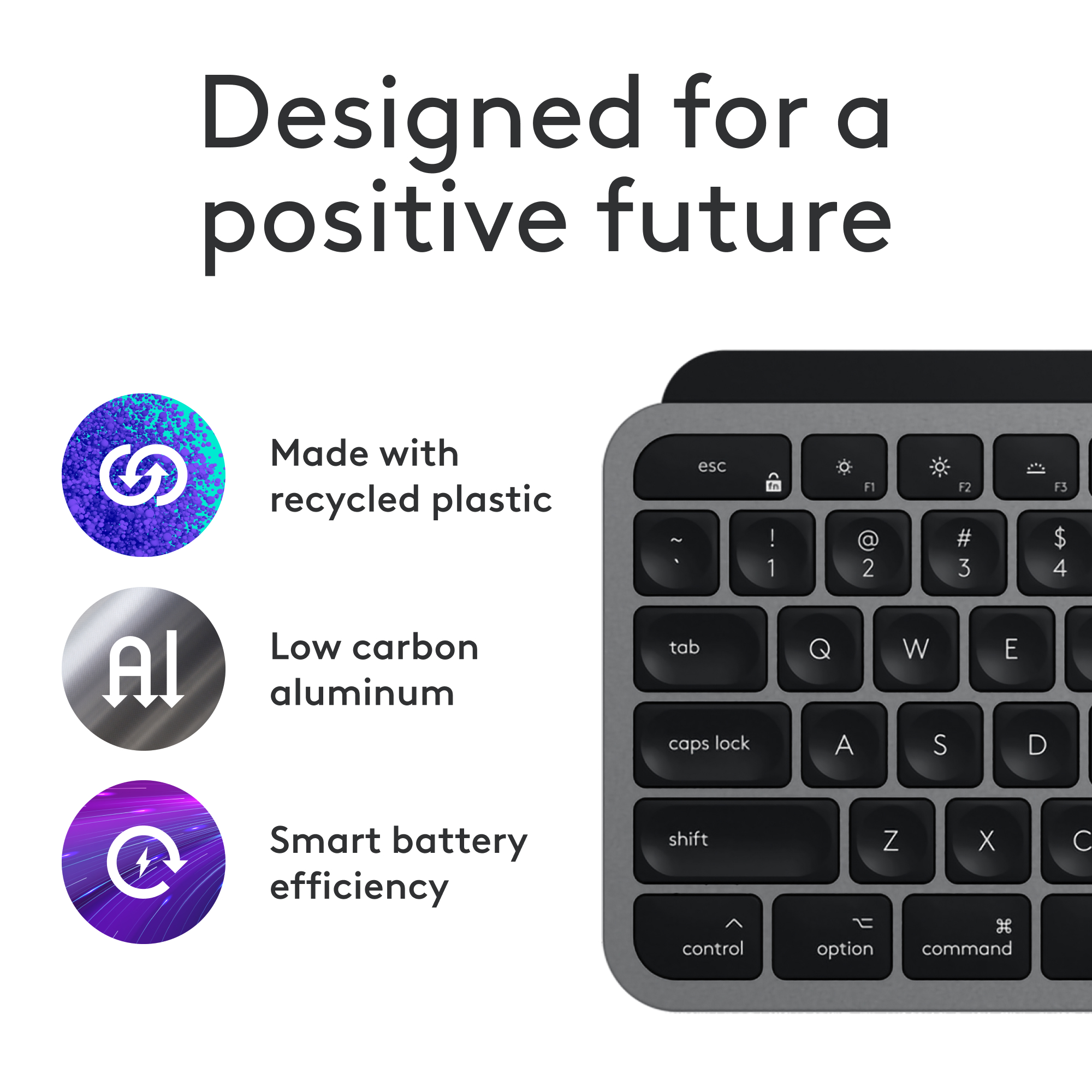 Tastatur mit recyceltem Kunststoff, kohlenstoffarmem Aluminium und intelligenter Batterieeffizienz.