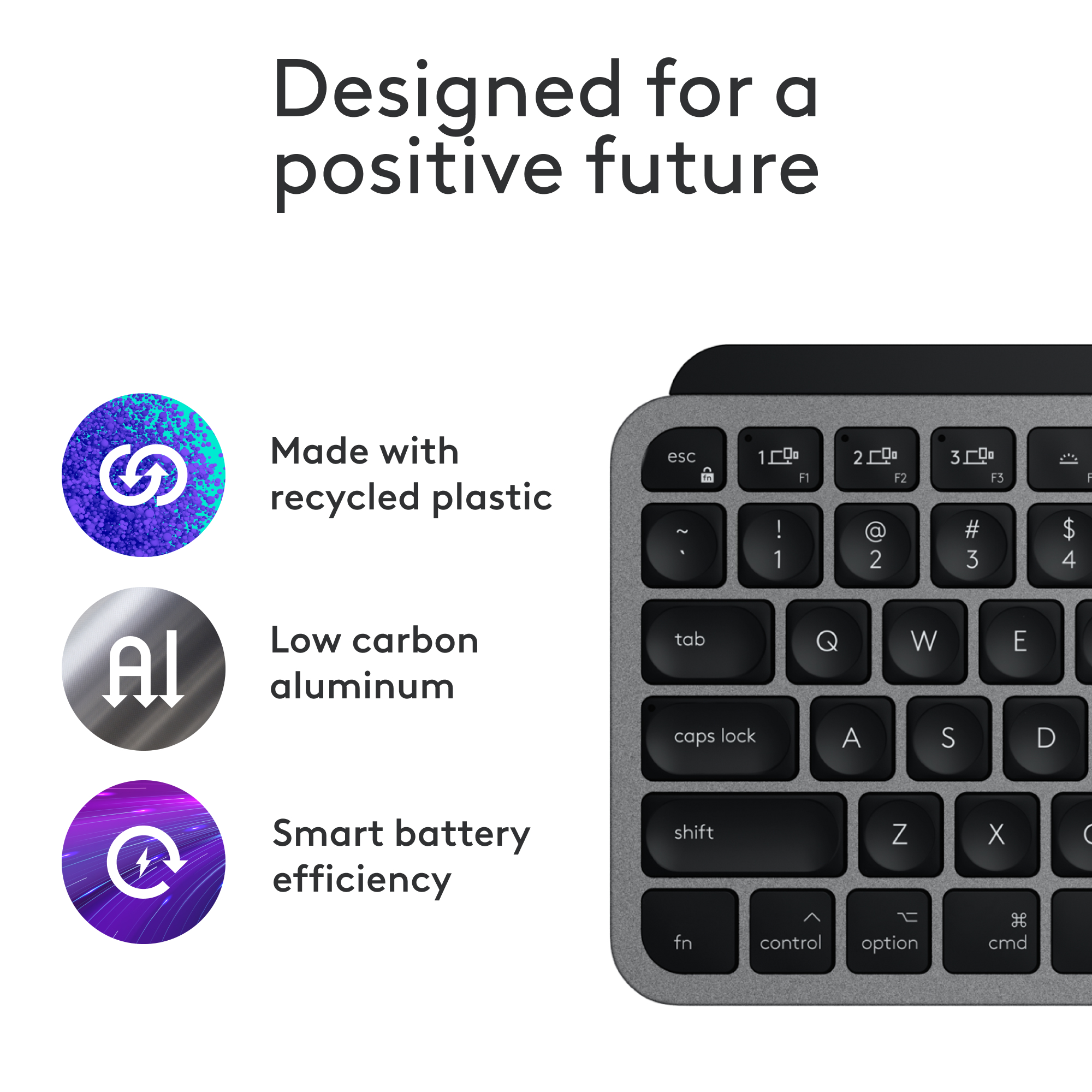 Nahaufnahme einer Tastatur mit Details zu recyceltem Kunststoff, kohlenstoffarmem Aluminium und intelligenter Batterieeffizienz.