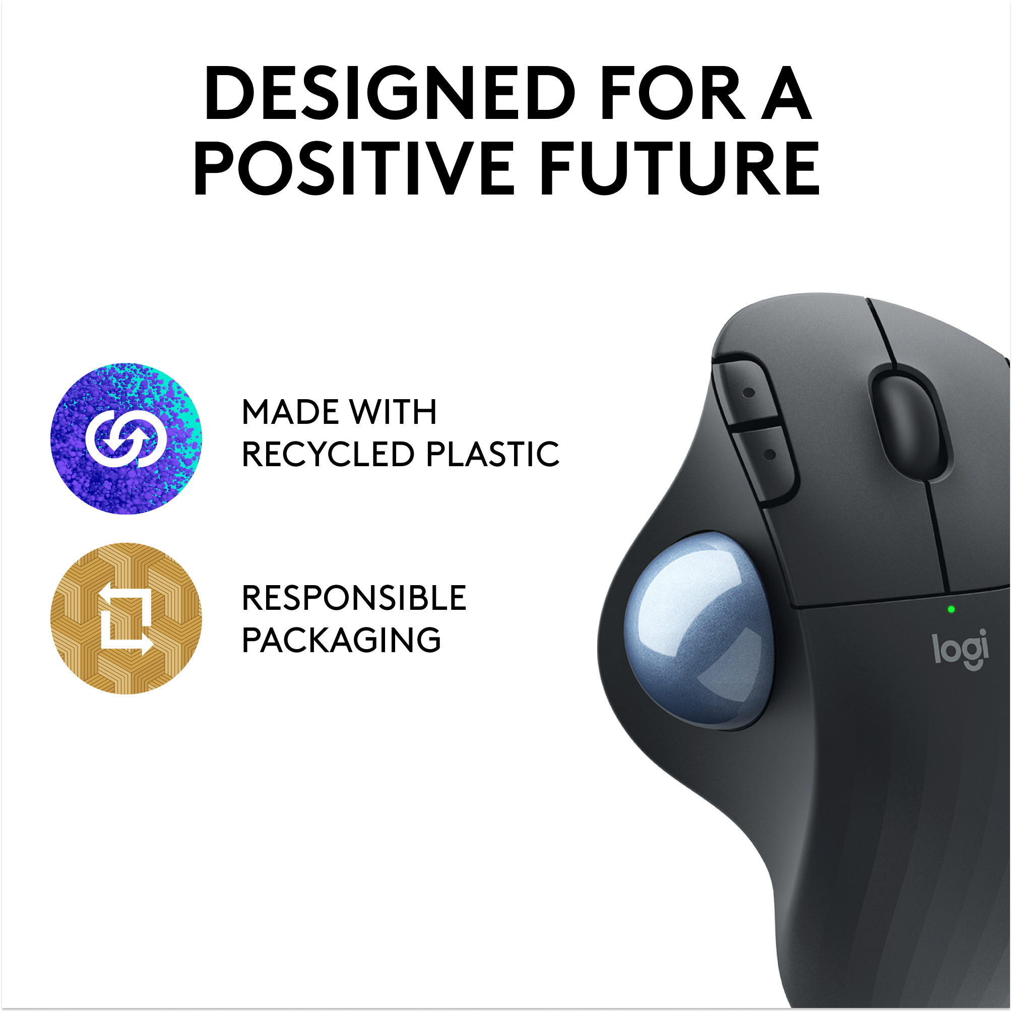 Une souris trackball ergonomique noire avec une boule bleue.