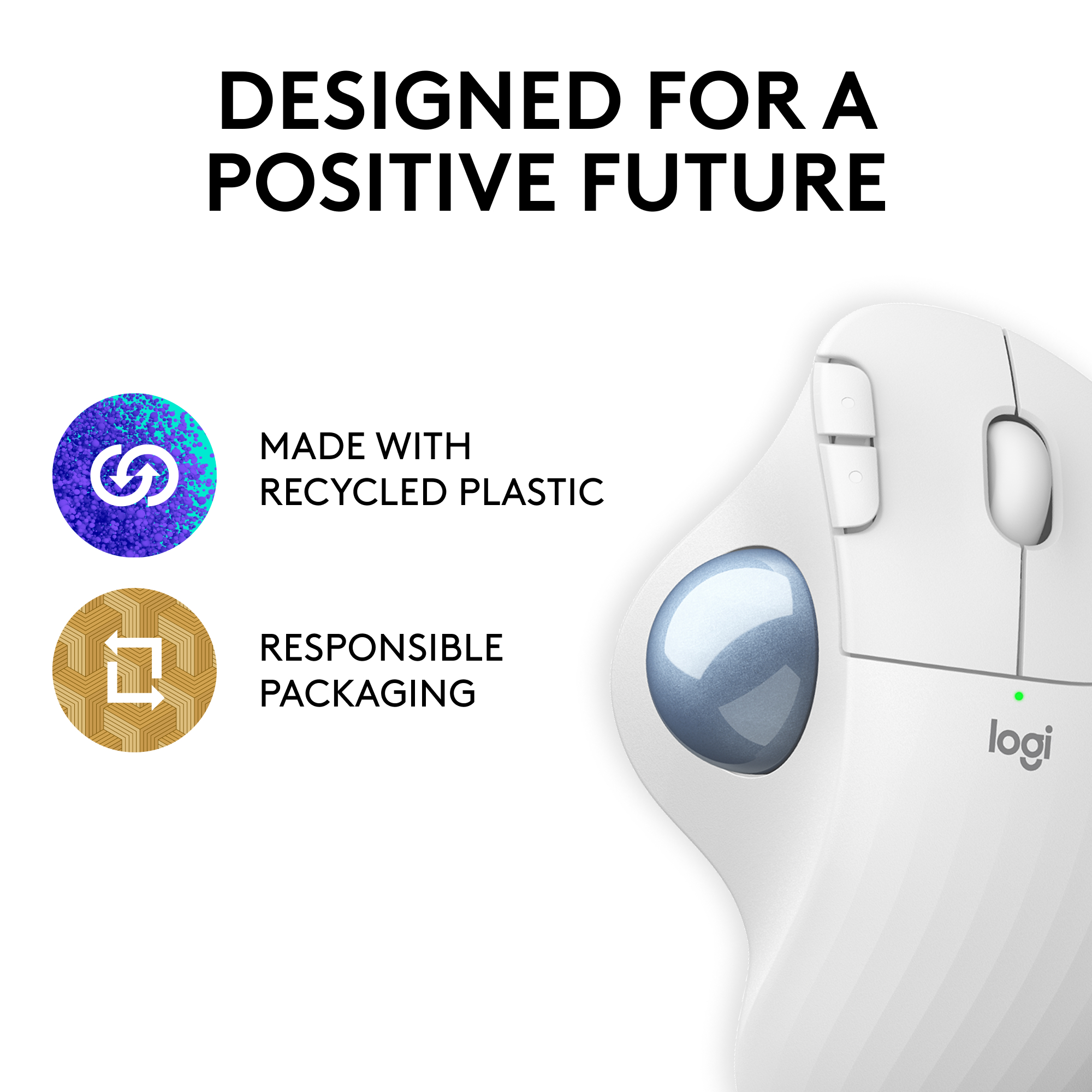 Weiße ergonomische Maus mit blauem Trackball und grünem Logo.