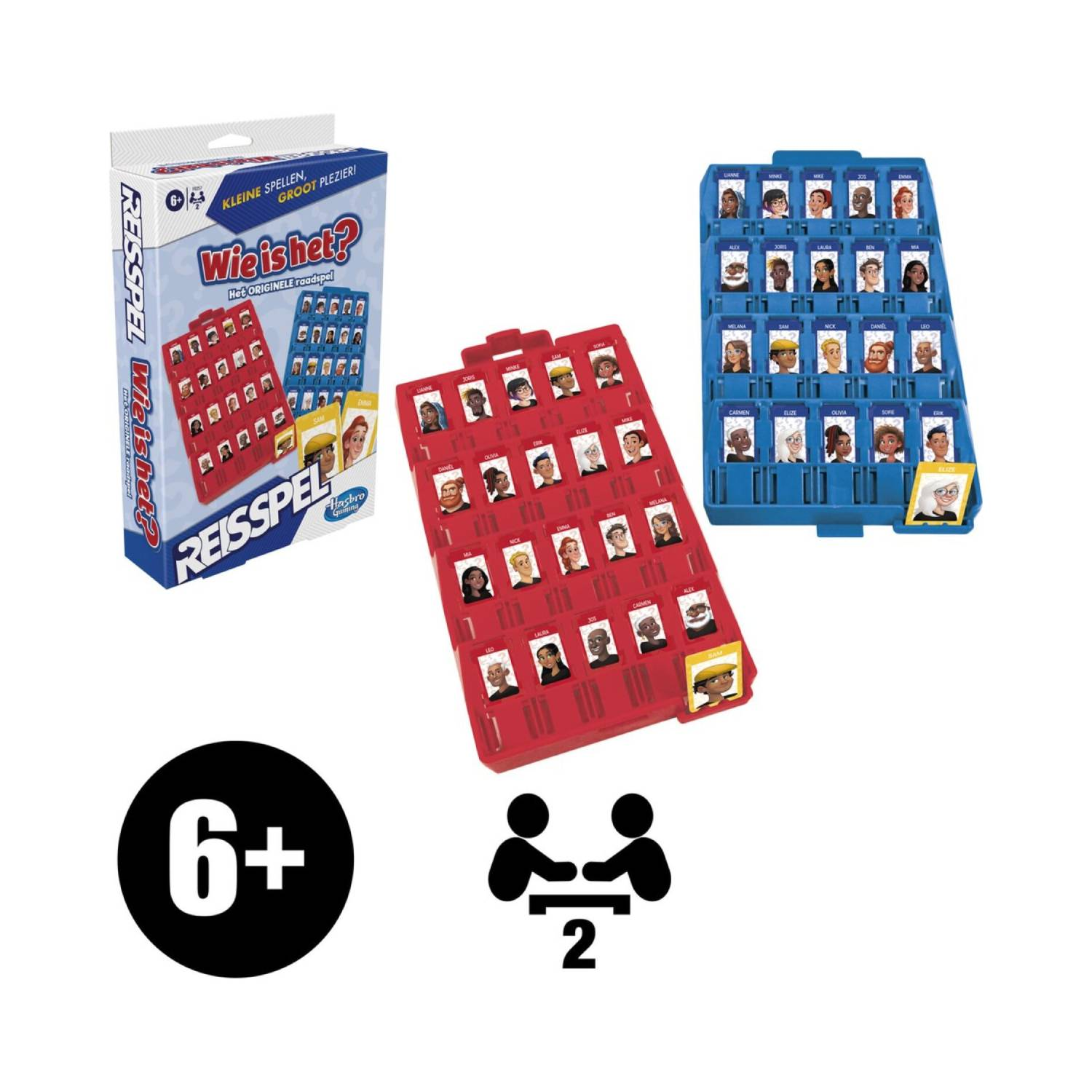 Guess Who game set with box, red and blue game boards with character cards.
