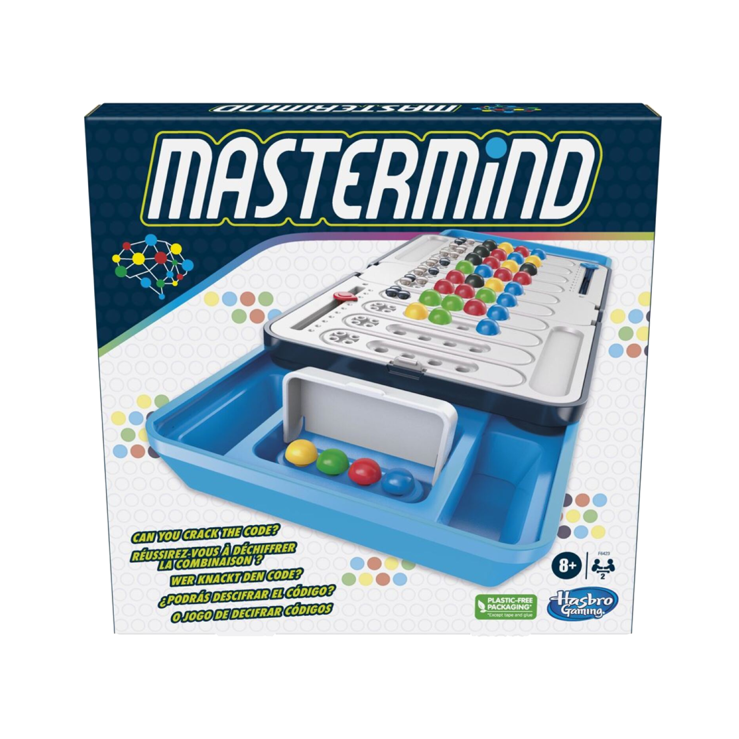 Mastermind-speldoos, blauwe basis, veelkleurige pinnen en deksel met sleuven.