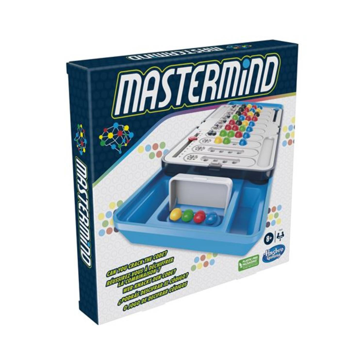 Mastermind speldoos. Blauwe doos met spelbord en pinnen. Voorkant toont naam en instructies.