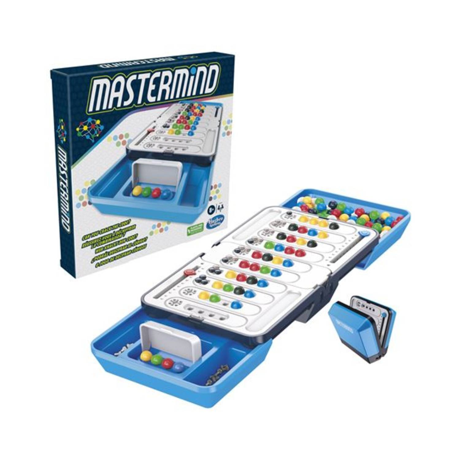Mastermind bordspel met een doos en spelonderdelen.
