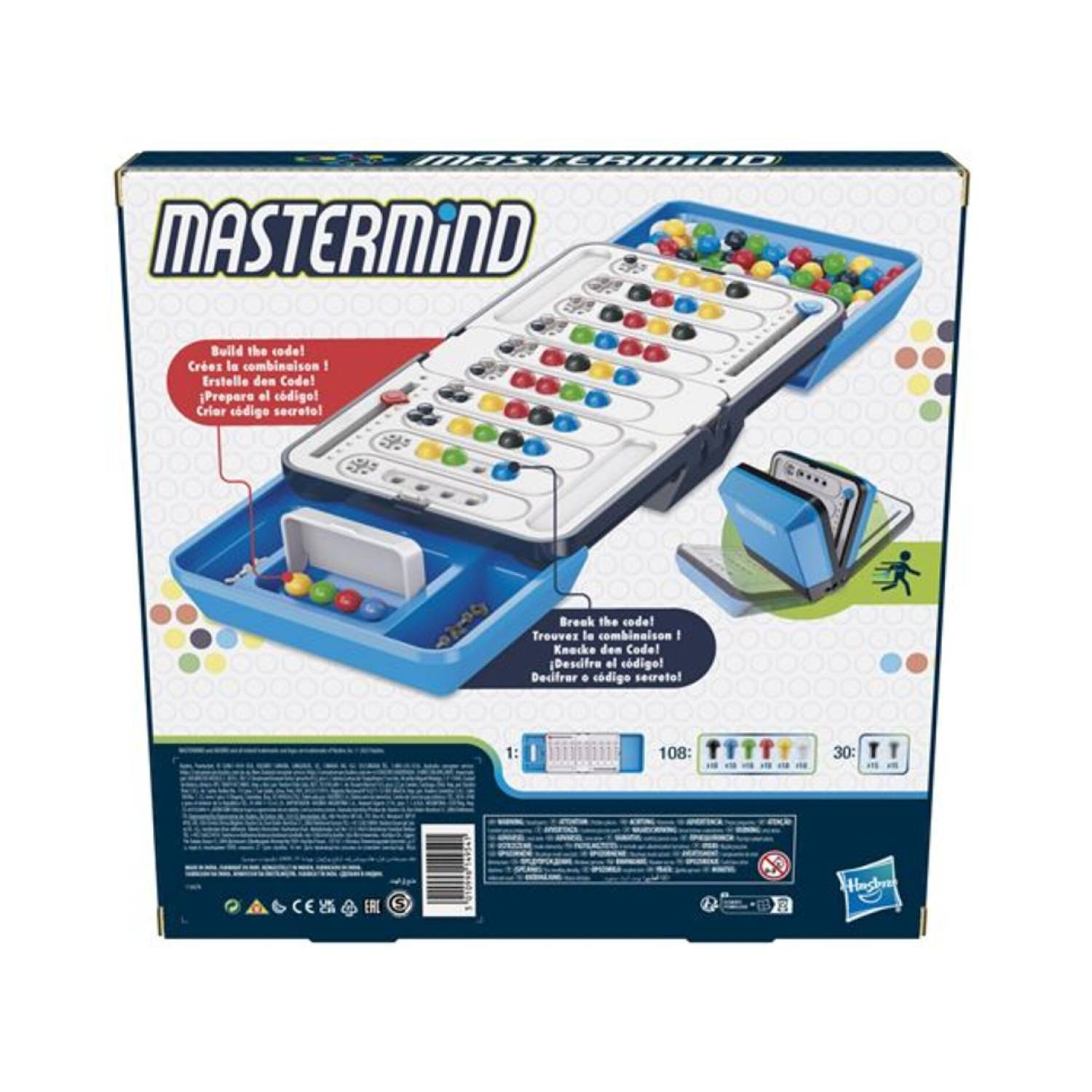 Mastermind bordspeldoos. Een kleurrijk spelbord is zichtbaar in de doos.
