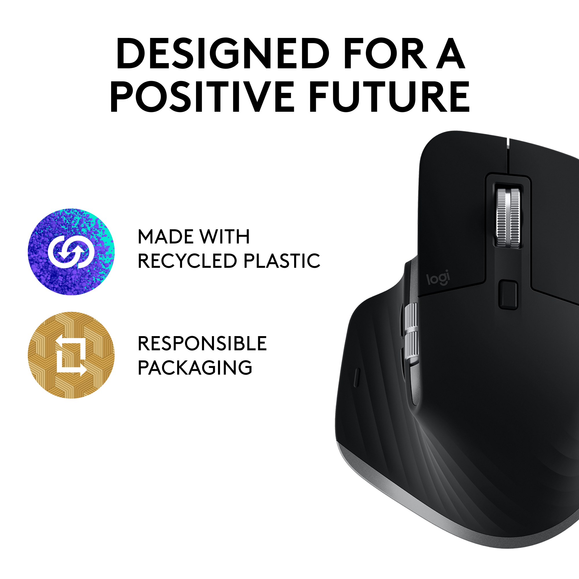 Eine schwarze Logitech-Maus mit Text über recycelten Kunststoff und verantwortungsvolle Verpackung.