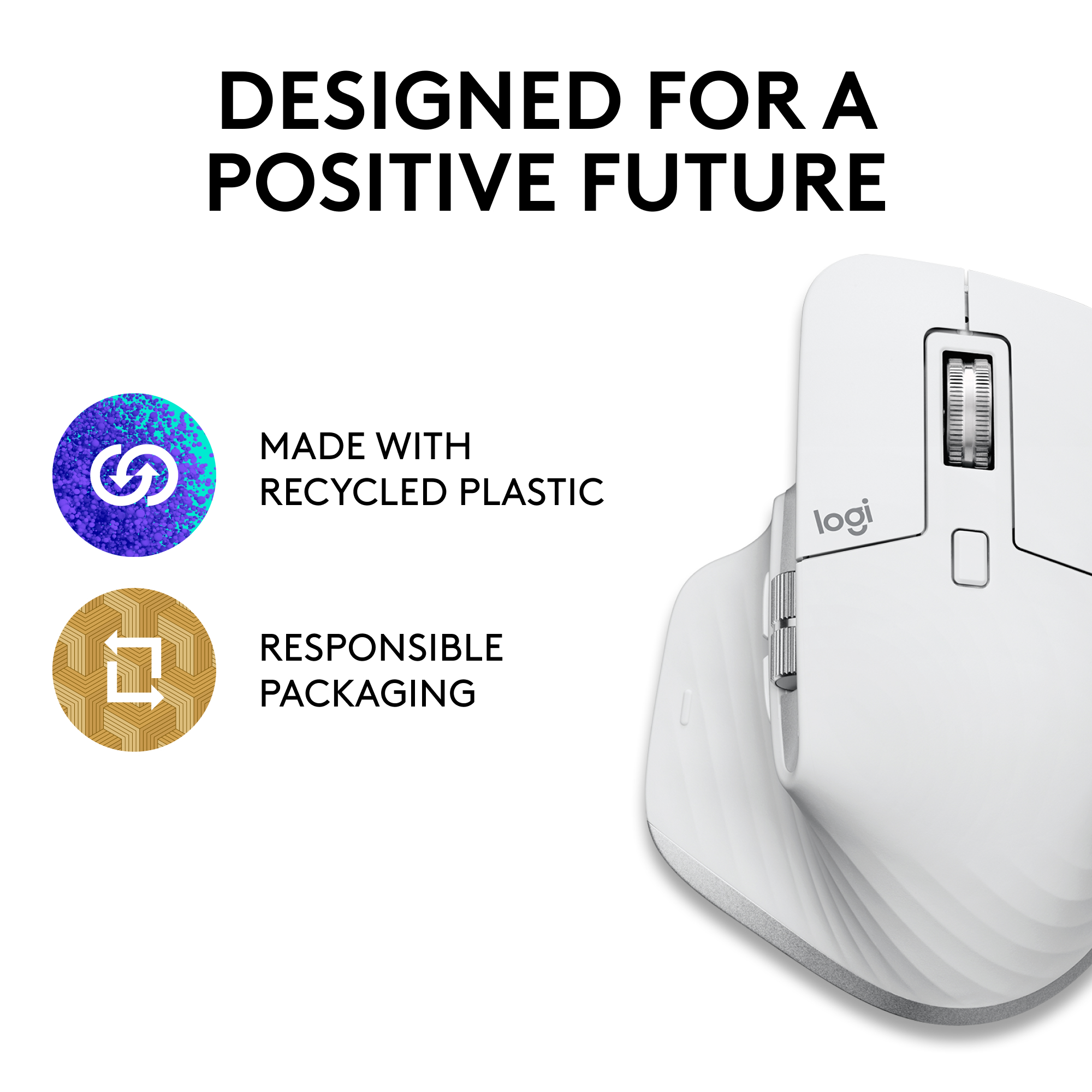 Eine weiße Maus mit den Worten 'MADE WITH RECYCLED PLASTIC'.