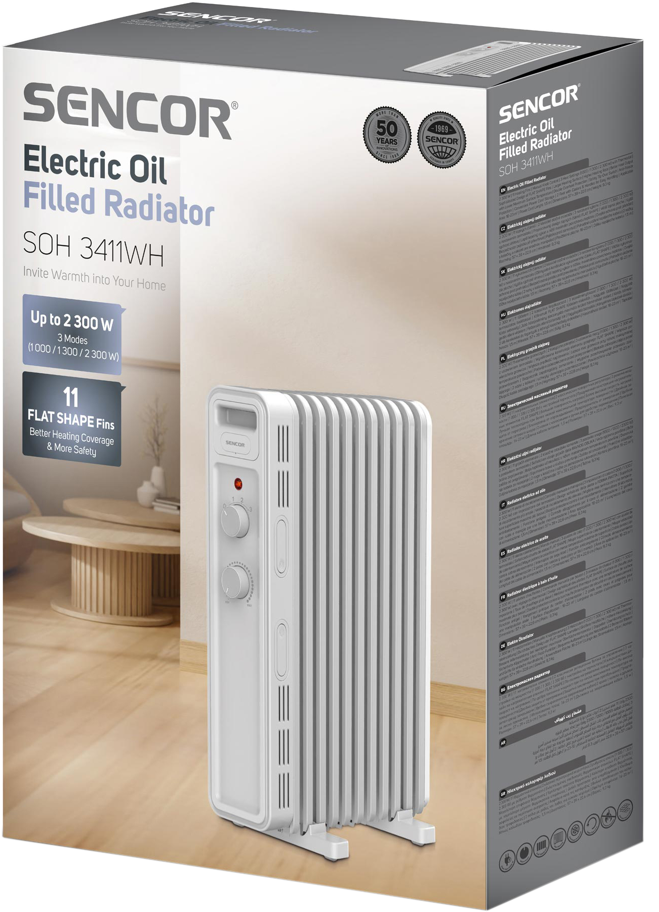 Elektromos olajradiátor dobozzal, fehér, vezérlőkkel.