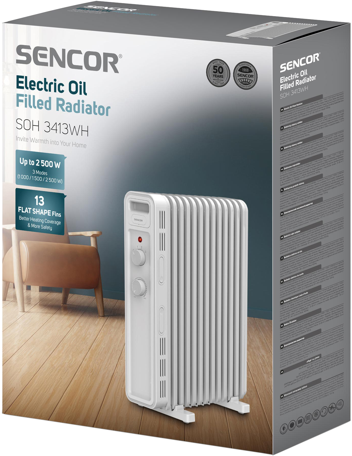 Fehér olajradiátor dobozban. Szöveg: Elektromos olajradiátor. 13 lapos forma borda.