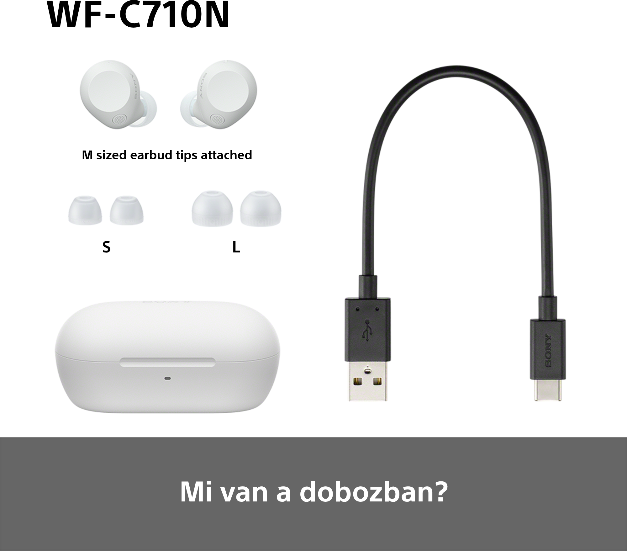 Fülhallgatók, töltőtok és töltőkábel. Fülhallgató végek mellékelve.