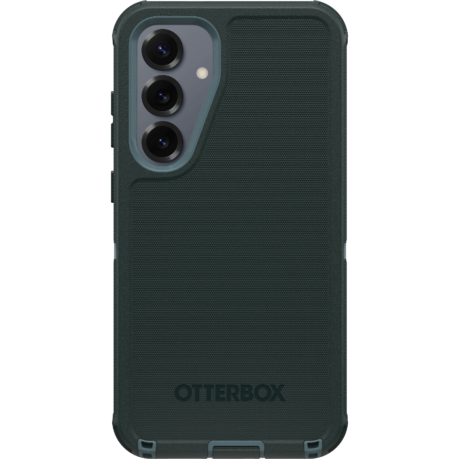 Sötétzöld telefontok Otterbox logóval és három kamerával.
