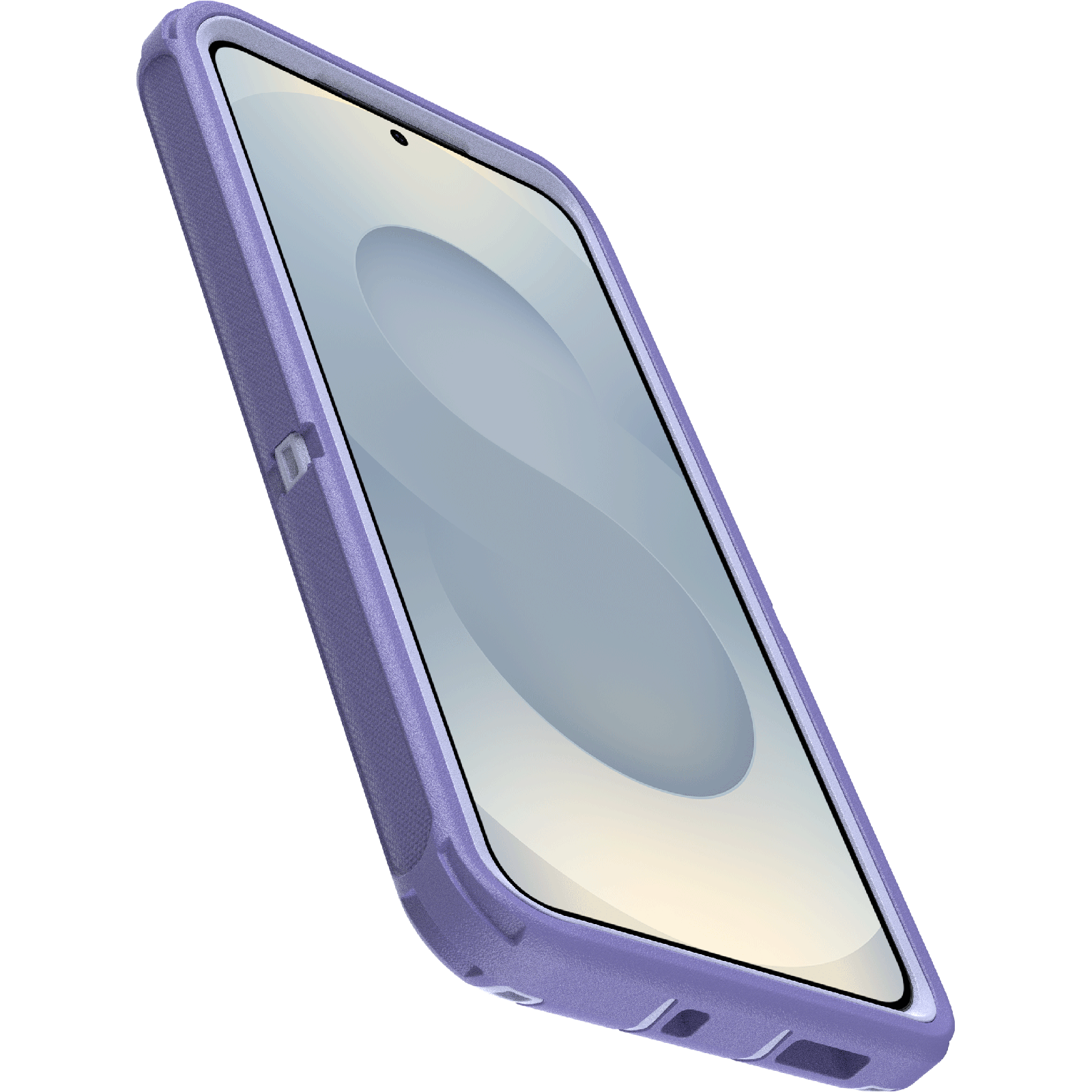 Lila telefontok, benne egy telefonnal. A telefon képernyője be van kapcsolva.