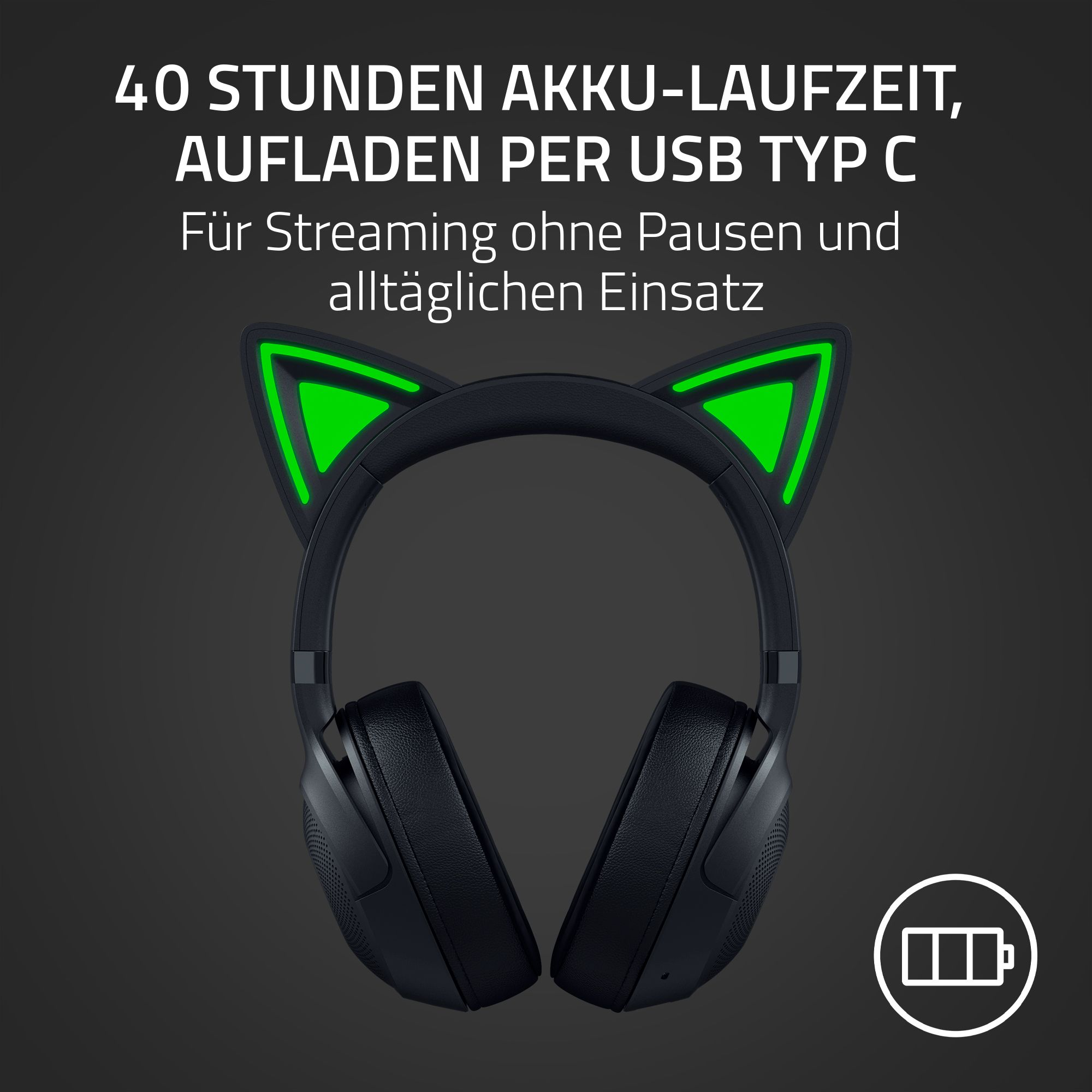 Schwarze Kopfhörer mit Katzenohren, mit Text über Akkulaufzeit und USB-Aufladung.