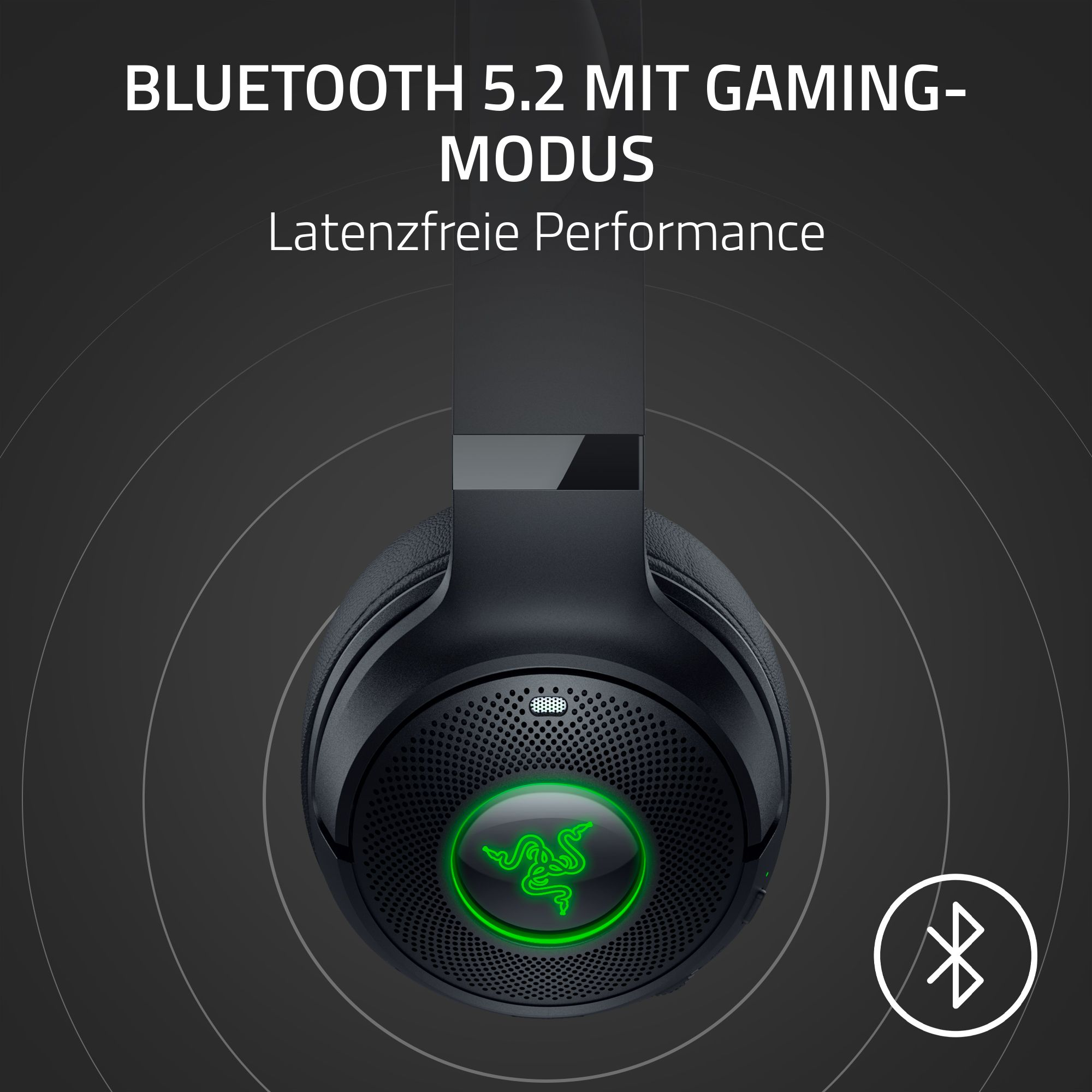 Schwarze Gaming-Kopfhörer mit grünem Logo und Bluetooth-Symbol.