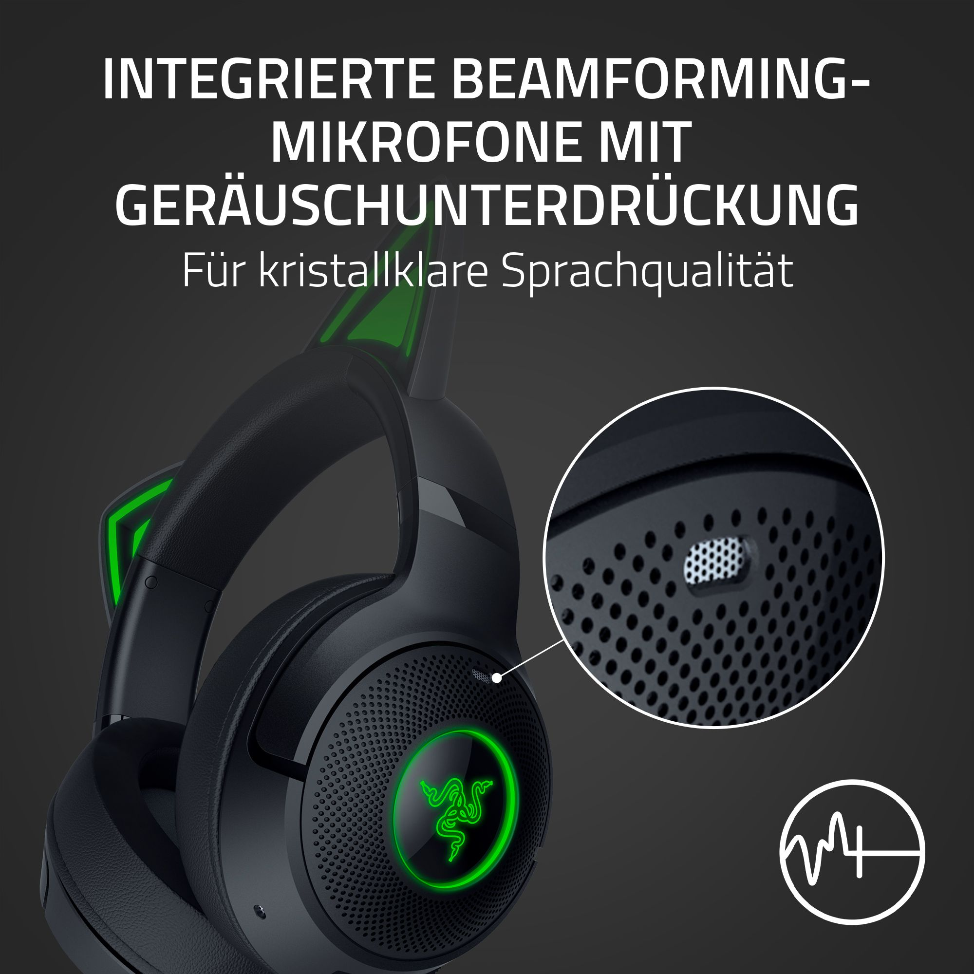 Schwarzes Gaming-Headset mit grünen Akzenten. Hat ein Mikrofon und Text: integrierte Beamforming-Mikrofone mit Geräuschunterdrückung.