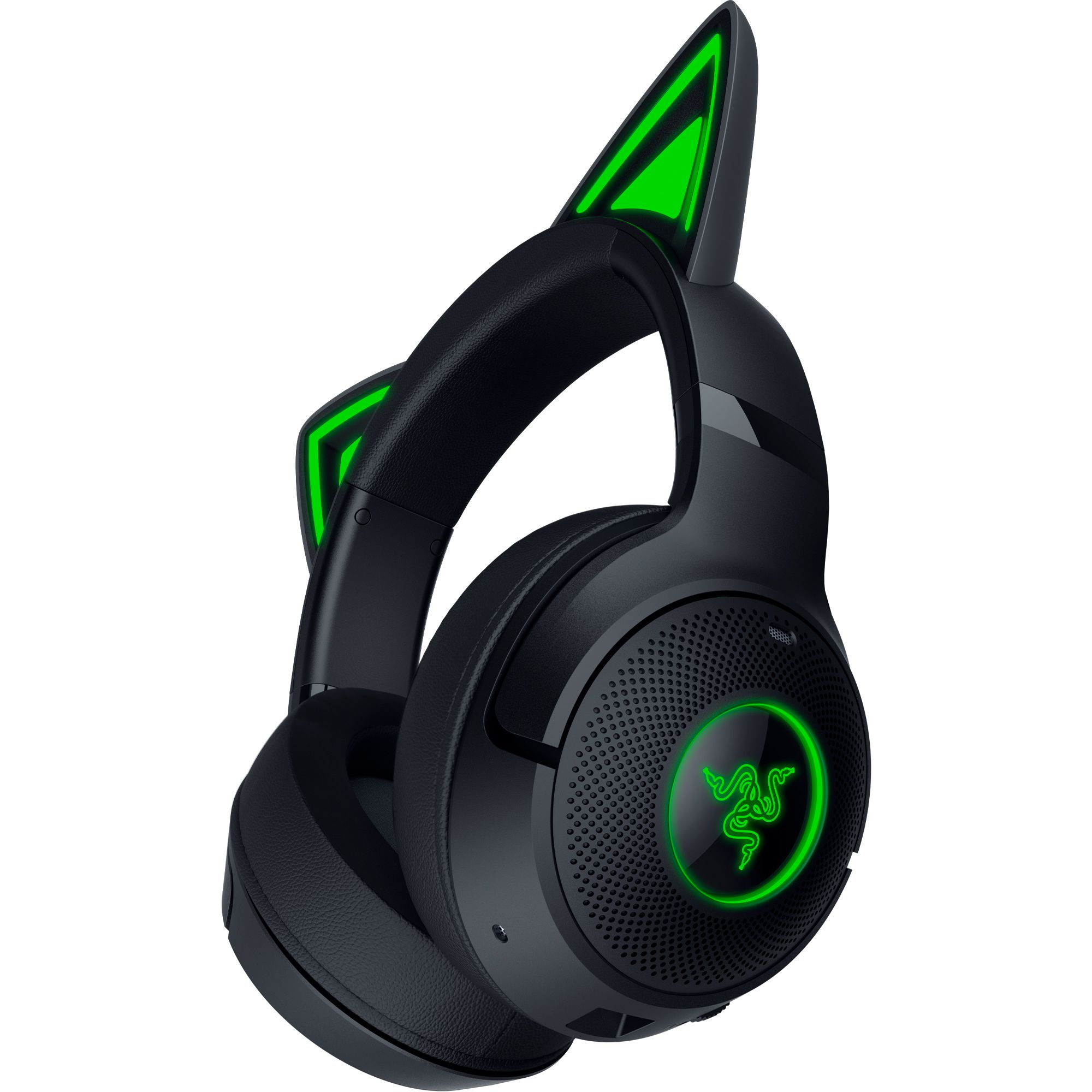 Schwarze Razer Gaming-Kopfhörer mit grünen LED-Katzenohren und Logo. Winkelansicht.