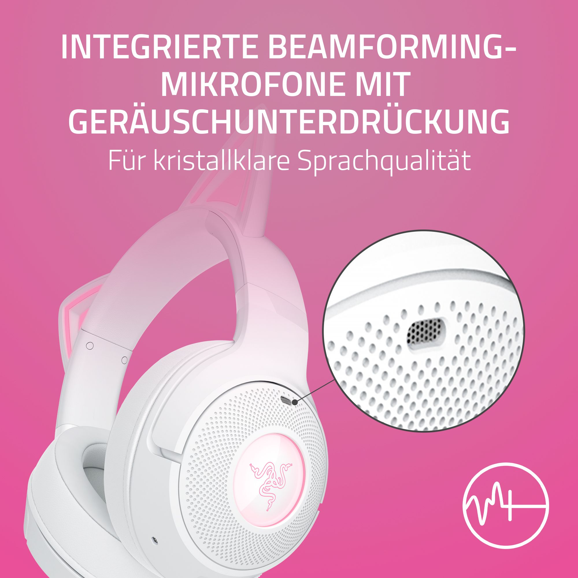 Weiße Kopfhörer mit Mikrofon-Detail.