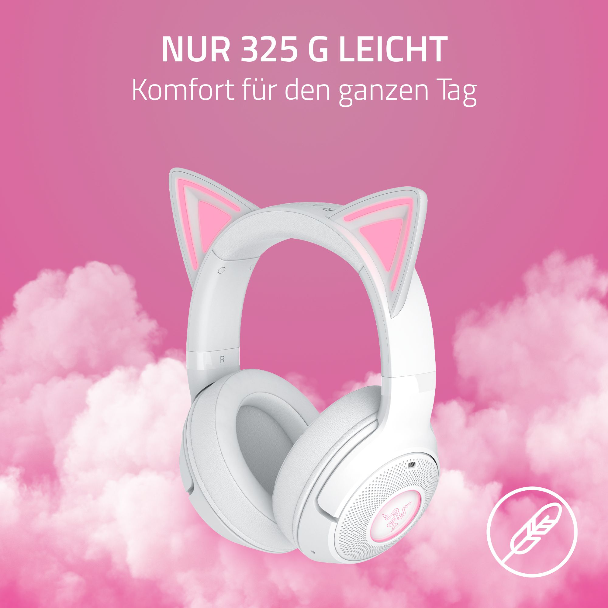 Weiße Katzenohr-Kopfhörer auf rosa Wolkenhintergrund. Text: 'Nur 325 g leicht' und 'Komfort für den ganzen Tag'.