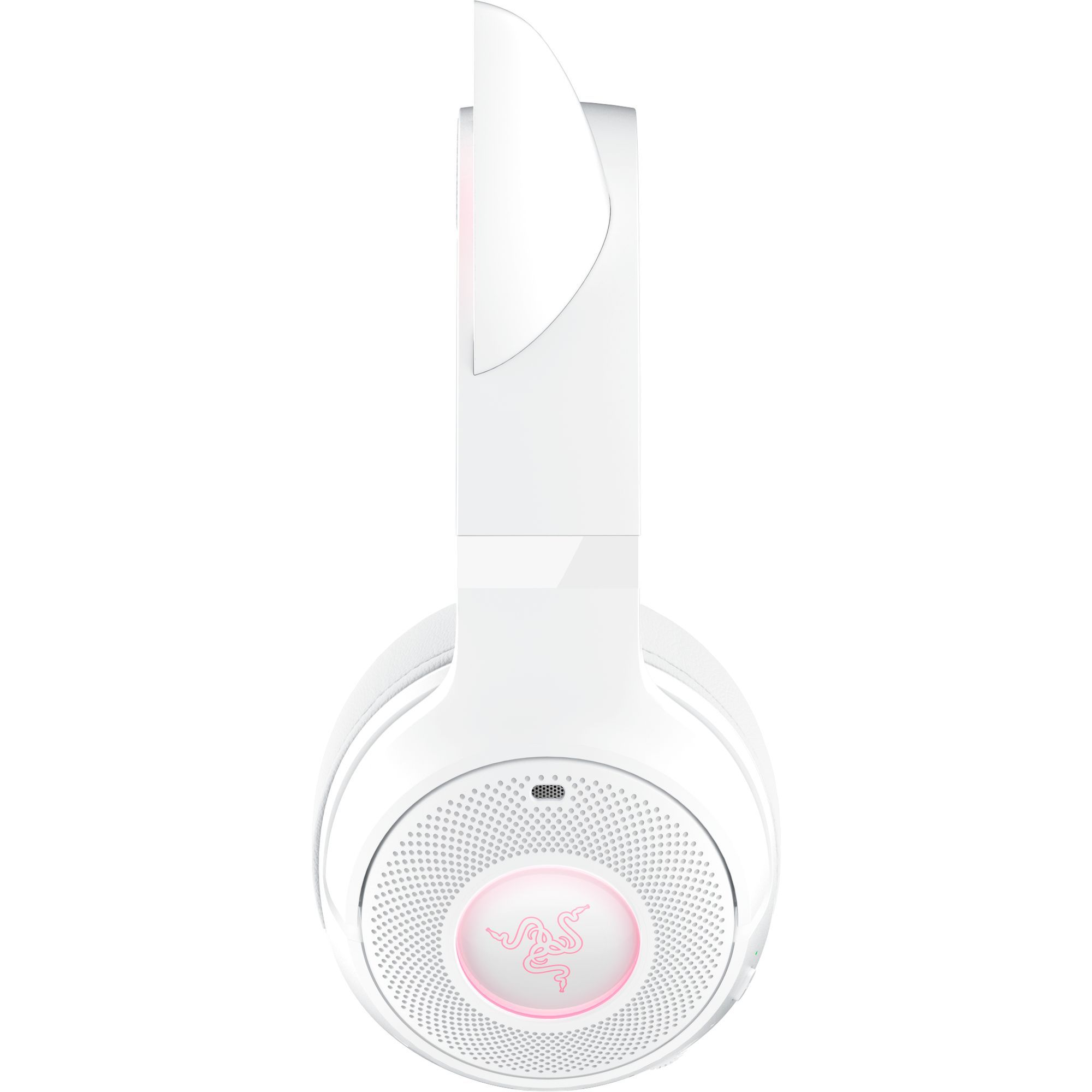 Ein weißes Gaming-Headset mit rosa Beleuchtung und dem Razer-Logo auf weißem Hintergrund.
