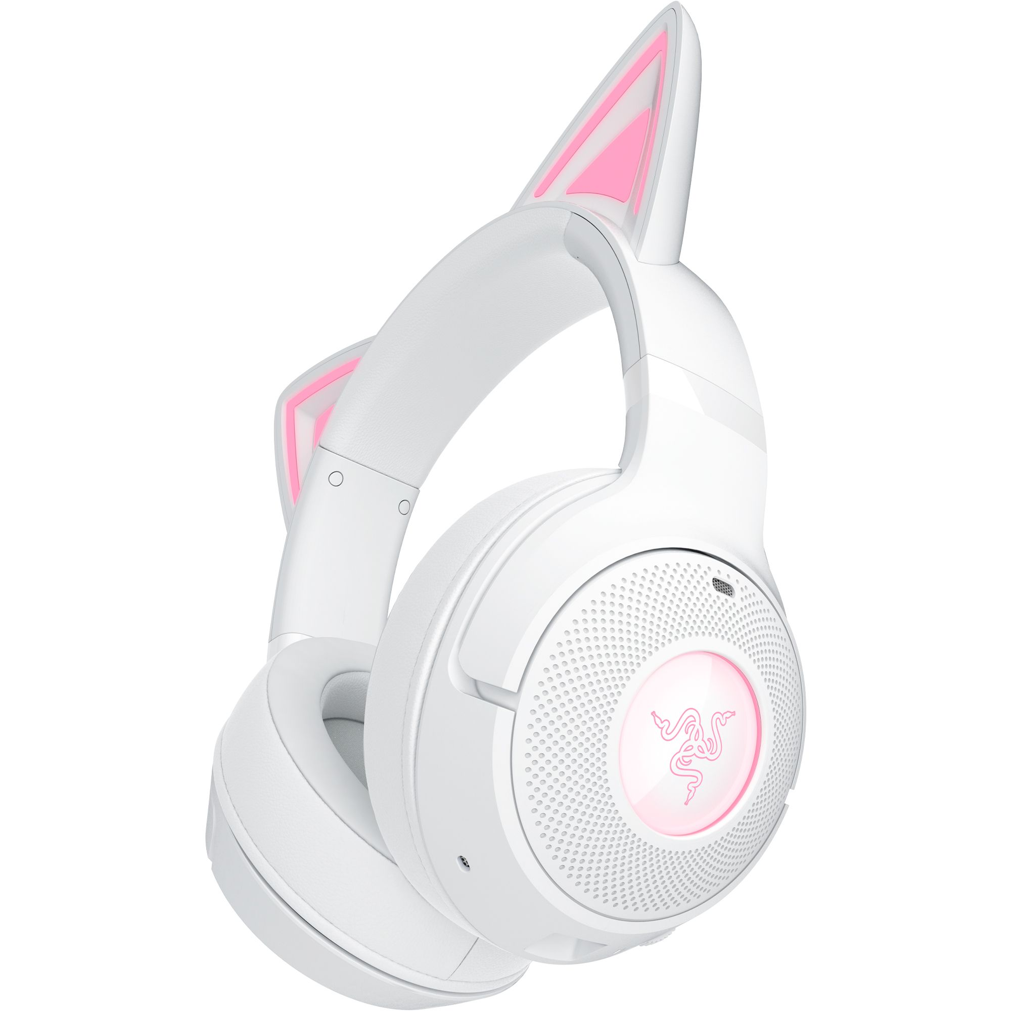 Weißes Gaming-Headset mit Katzenohren, rosa Akzenten und leuchtendem Logo.