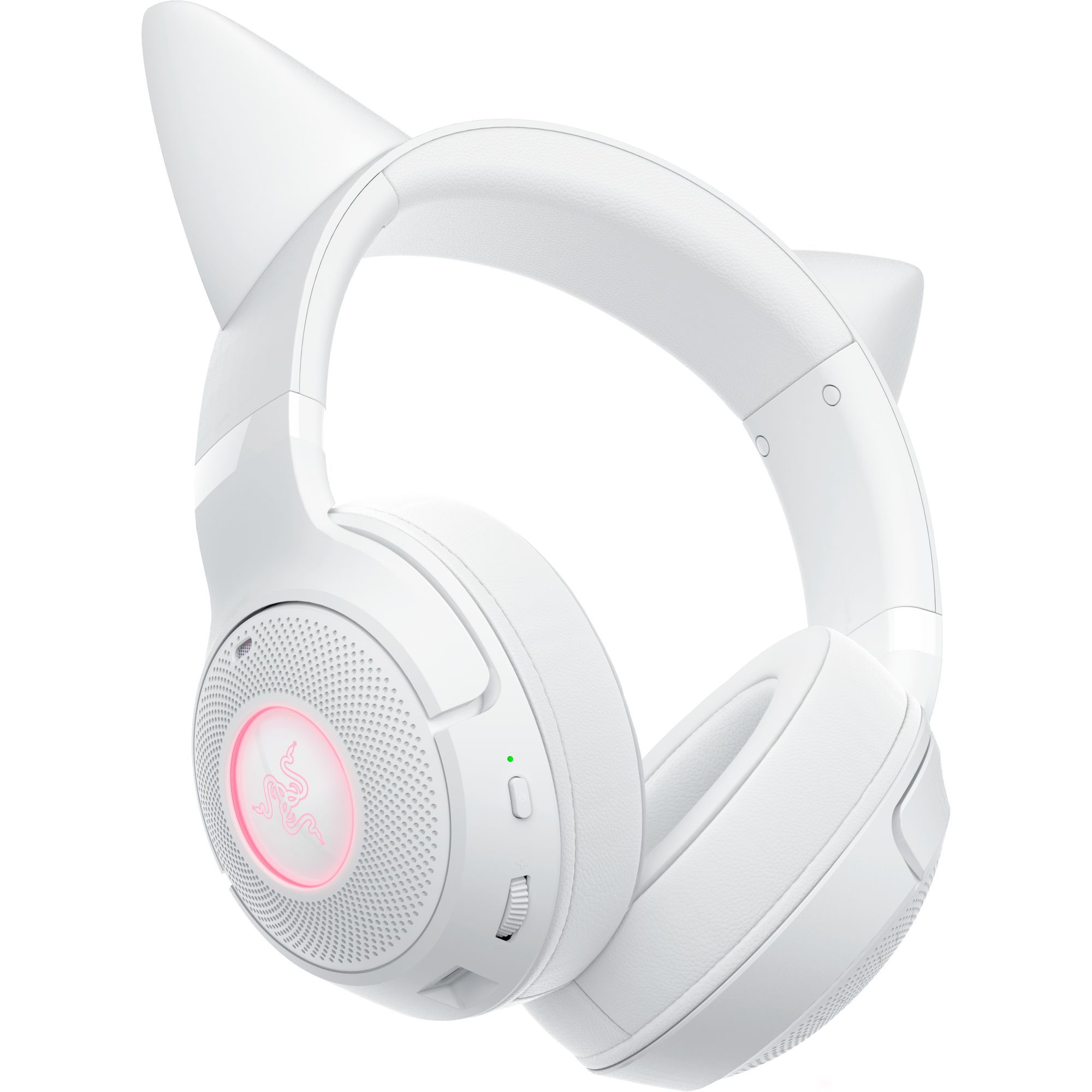 Weißes Gaming-Headset mit Katzenohren, Razer-Logo sichtbar und Lautstärkerad.
