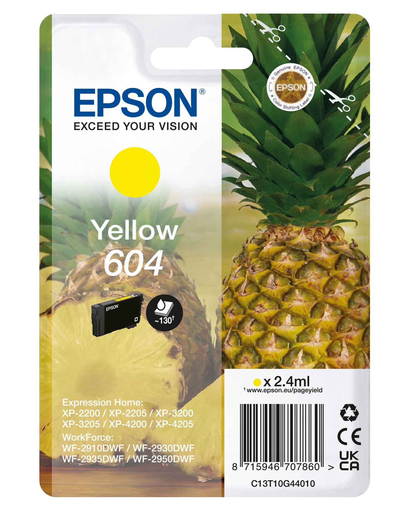Epson Tintenpatrone: Gelbe Tinte, Ananas-Bild. Text: Gelb 604. Epson-Logo.