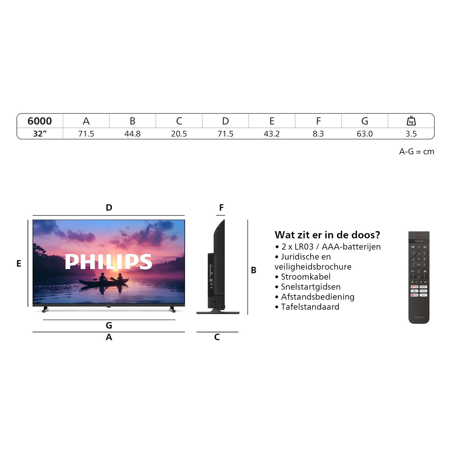 Een 32-inch Philips tv met afmetingen en meegeleverde accessoires.