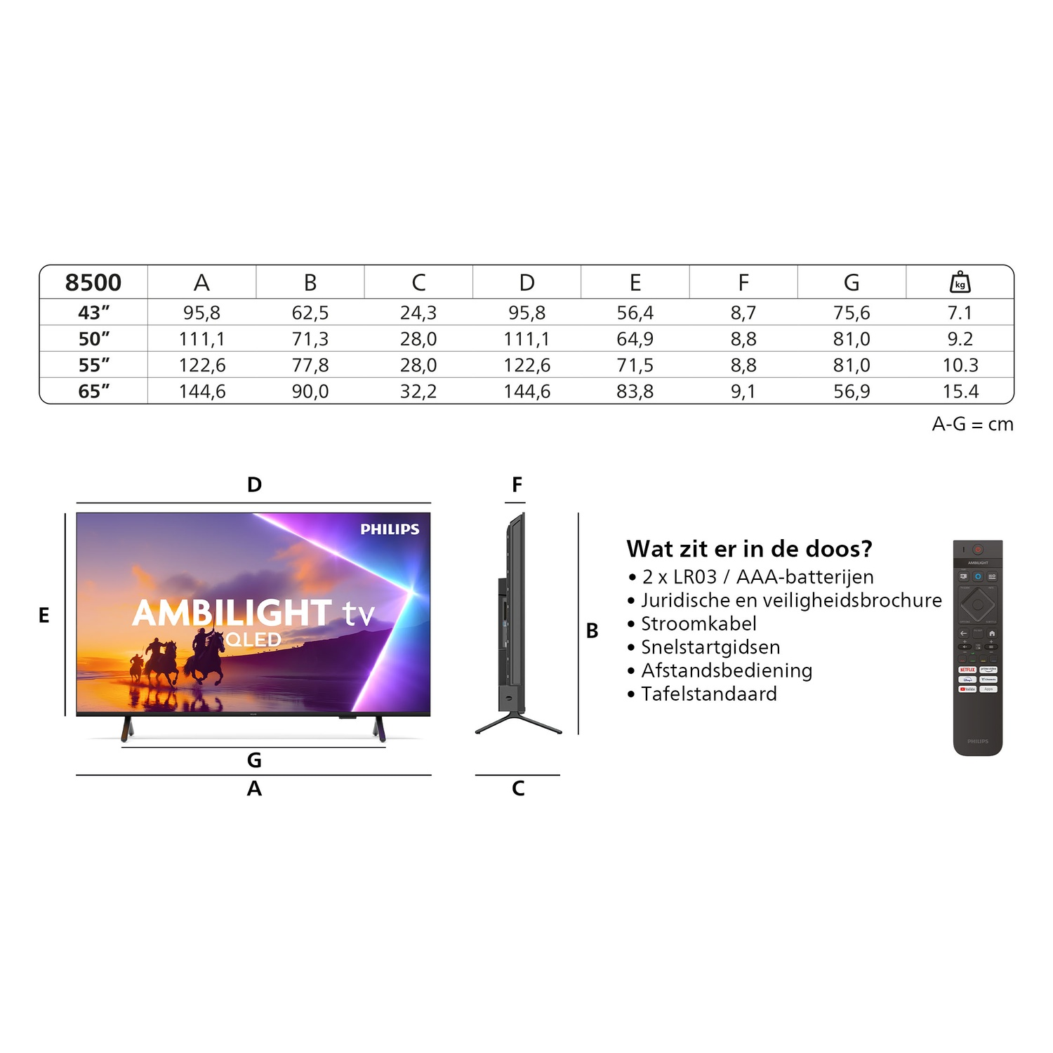 Tv met afmetingen en afstandsbediening, en enkele details over het product.