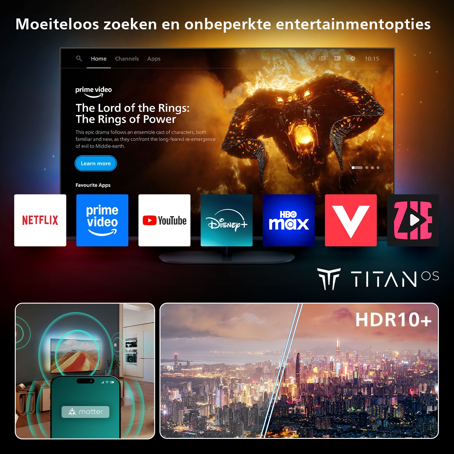 Tv-scherm met filminterface. Toont ook smartphone en pictogrammen.