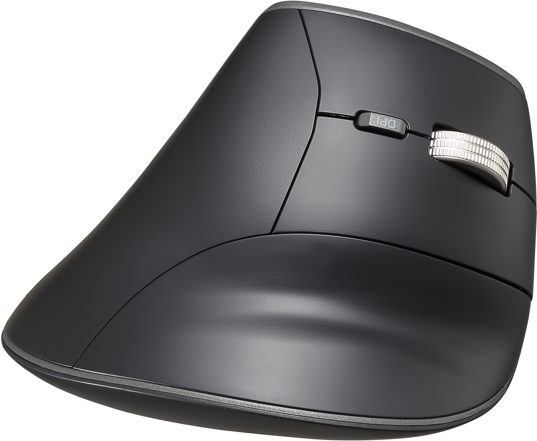 Fekete ergonomikus egér görgetőkerékkel és gombokkal.