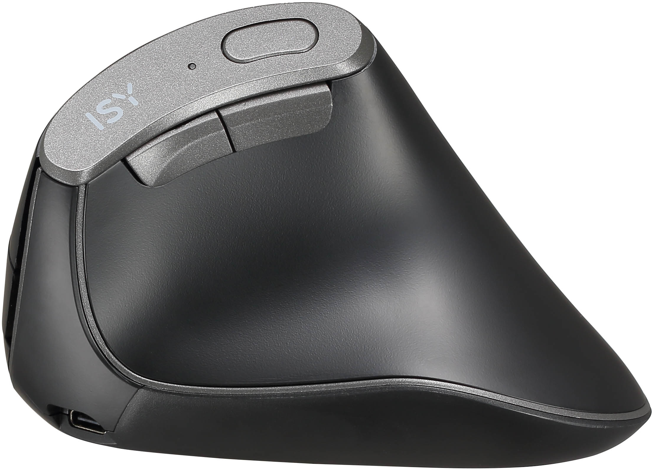 Egy fekete, függőleges, ergonomikus egér szürke gombokkal, görgetőkerékkel és USB porttal.