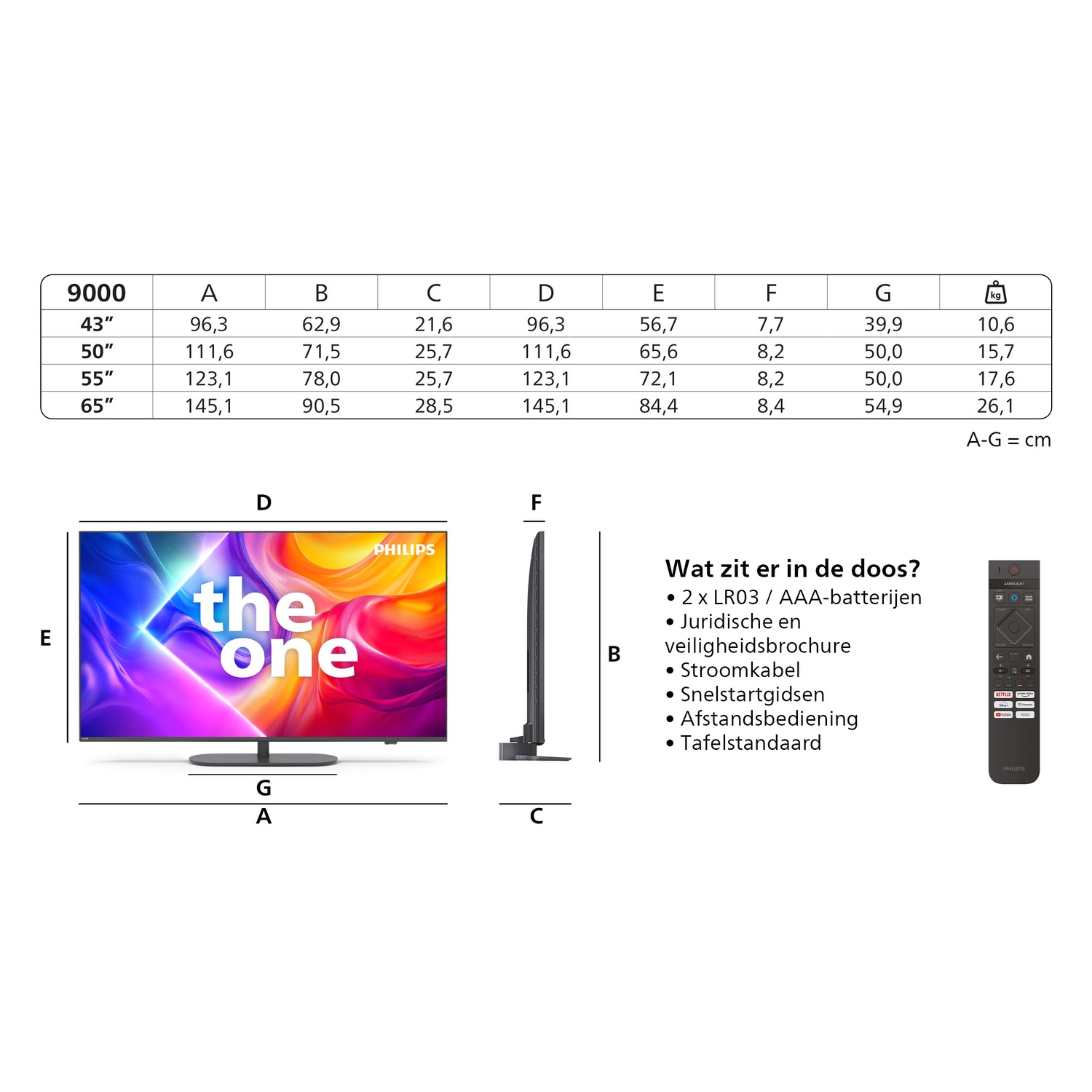TV dimensions and specifications. Shows dimensions and what's included in the box.