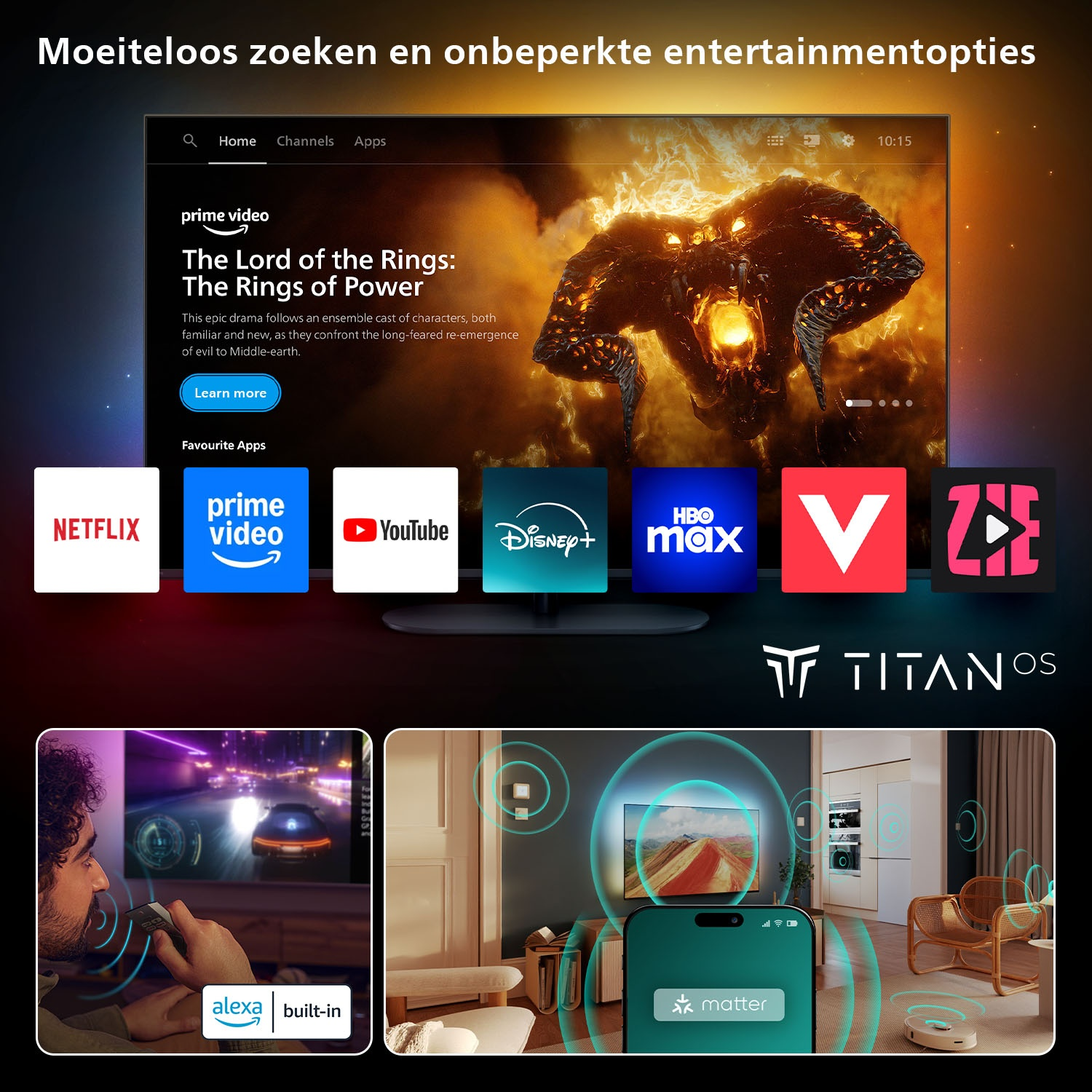 A TV screen showing streaming content, with app icons below and a phone.