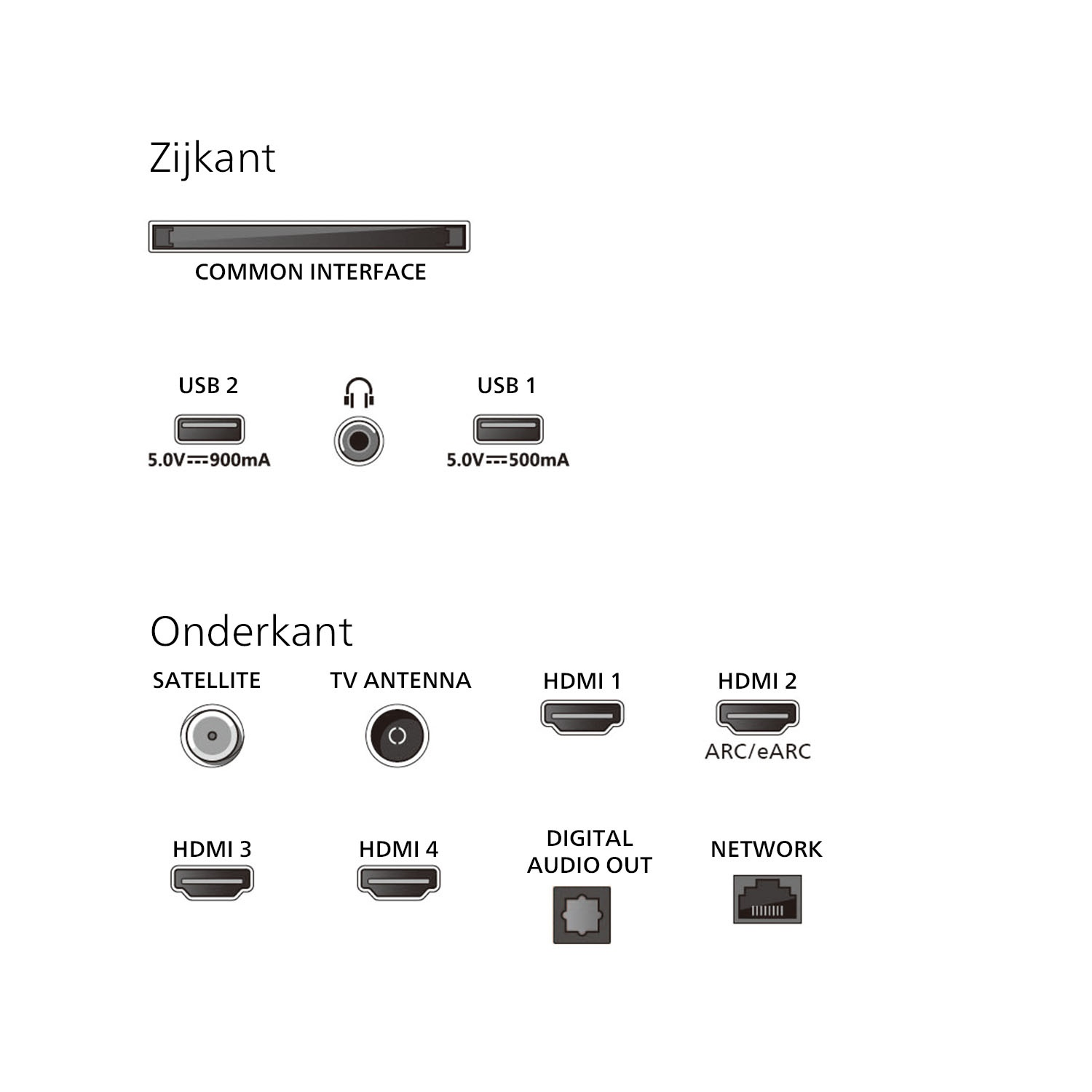 TV ports on a white background, including satellite, HDMI, audio, and network ports.