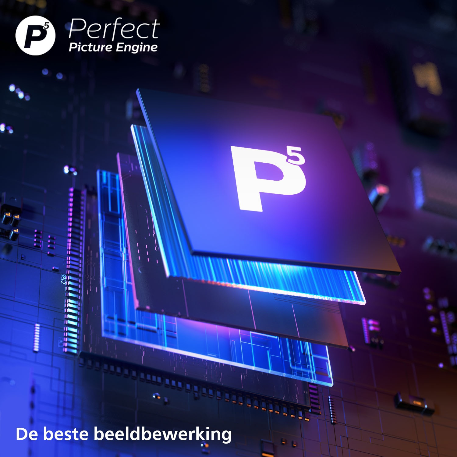 Close-up van een blauwe en paarse microchip. De tekst zegt 'Perfect Picture Engine' en heeft een 'P5'-logo.