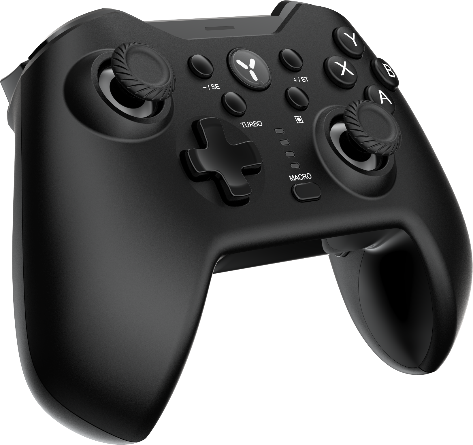 Fekete játékkontroller gombokkal és joystickokkal.