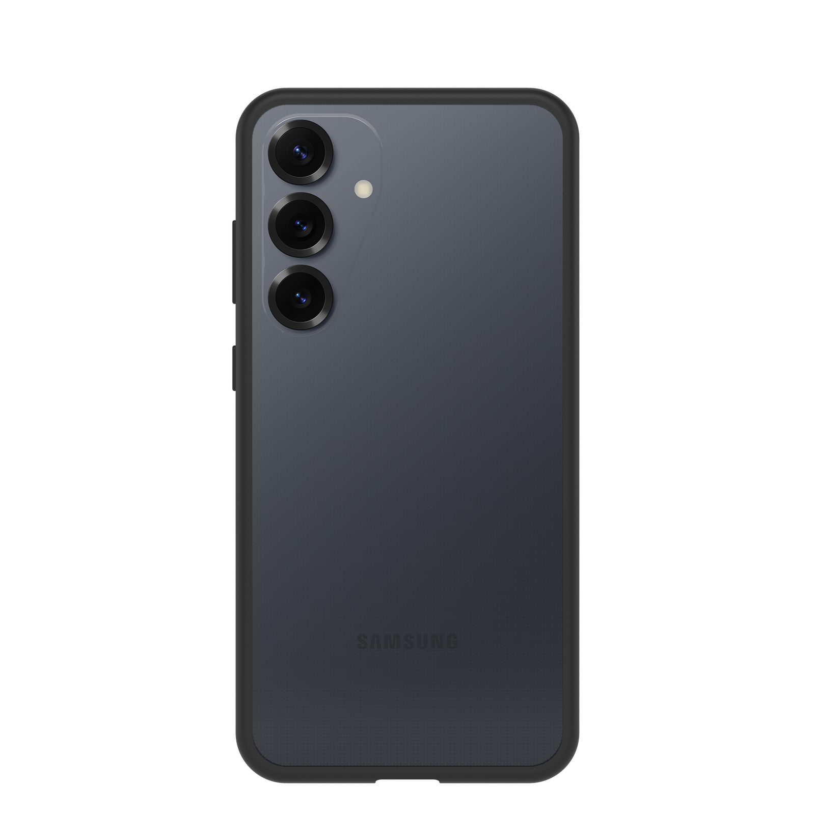 Egy sötétszürke telefon hátulja, három kamerával és a Samsung logóval. Fekete háttér.