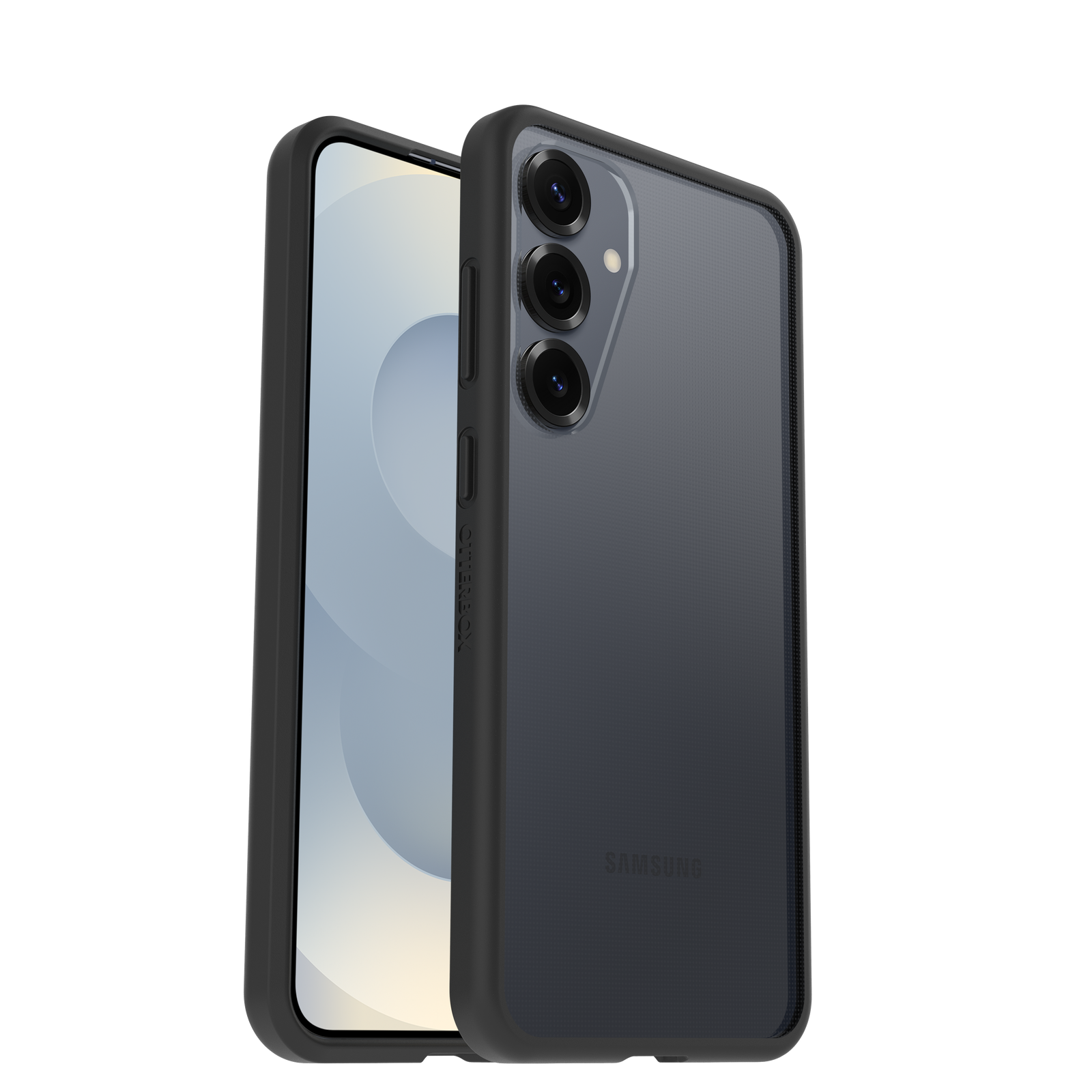 Fekete okostelefon átlátszó tokkal, Samsung logóval. Fekete háttér.