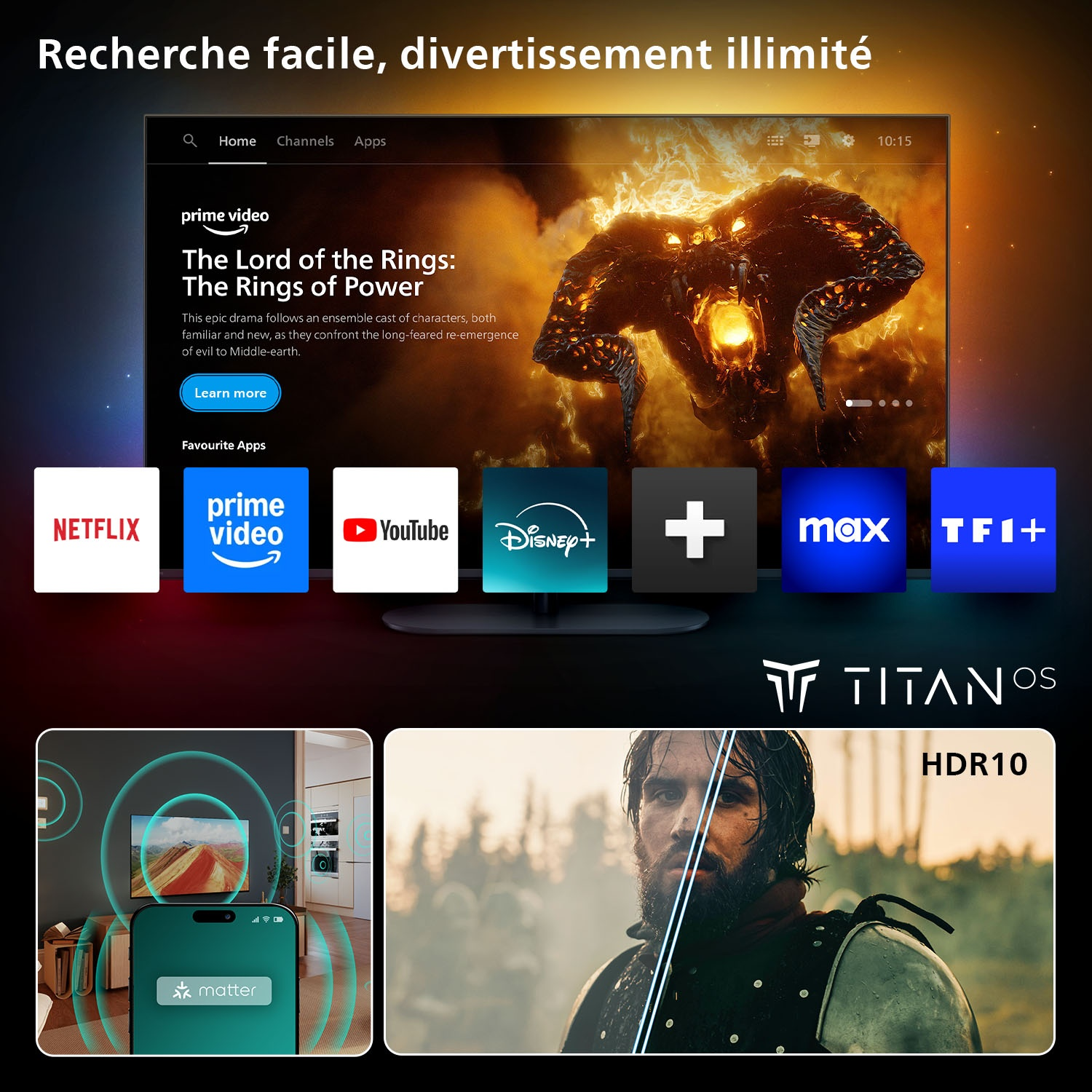 Écran TV affichant des applications comme Netflix et Prime Video. Le Seigneur des Anneaux est en cours de lecture. Logos Titan OS, HDR10 et Matter.