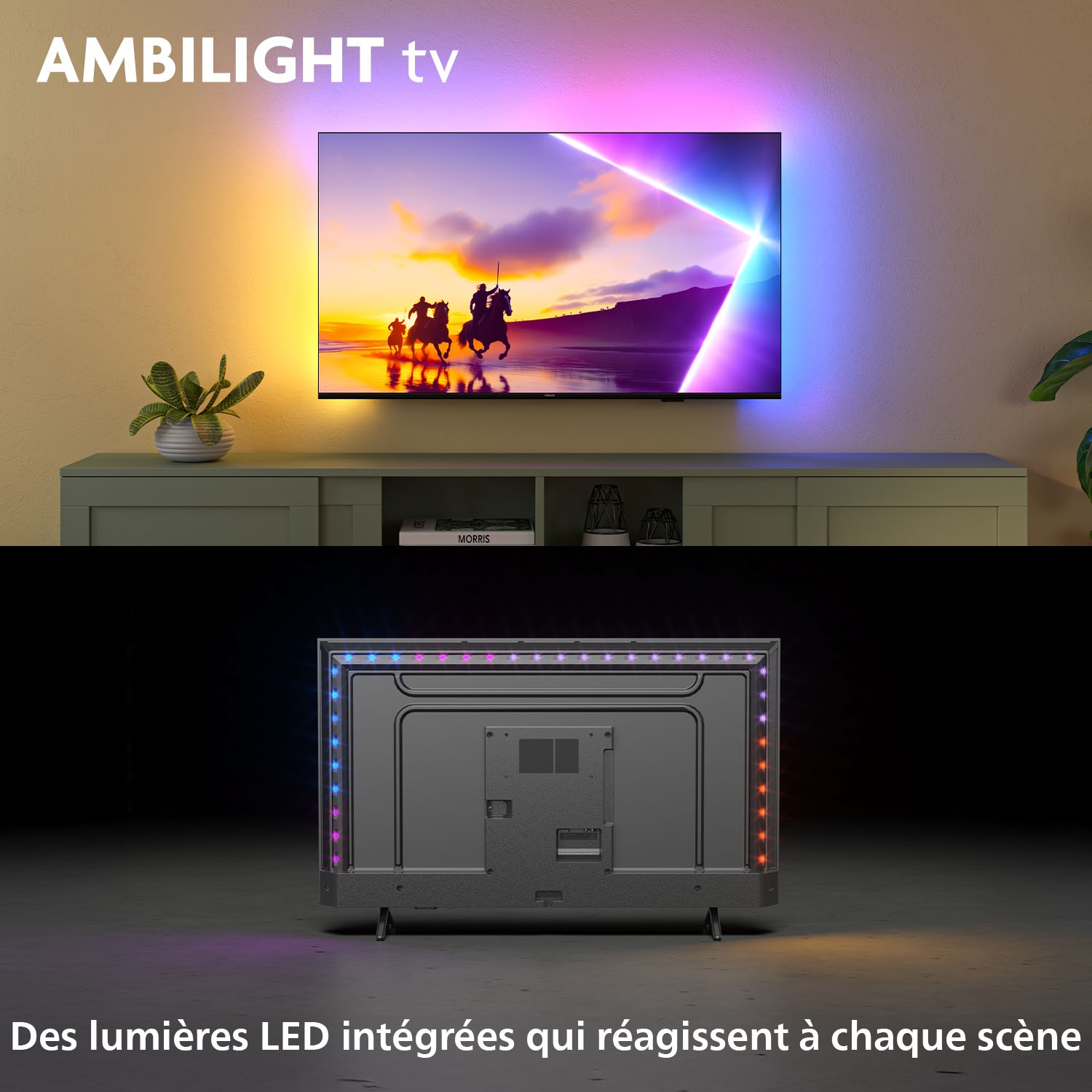 TV avec Ambilight. La TV affiche un coucher de soleil avec des chevaux. Les lumières LED à l'arrière réagissent à la scène.