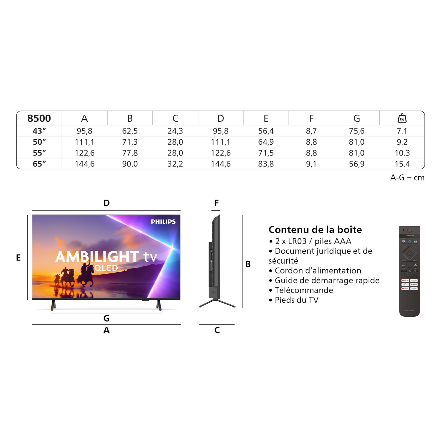 Une télévision moderne avec dimensions et une télécommande. La télévision est allumée.