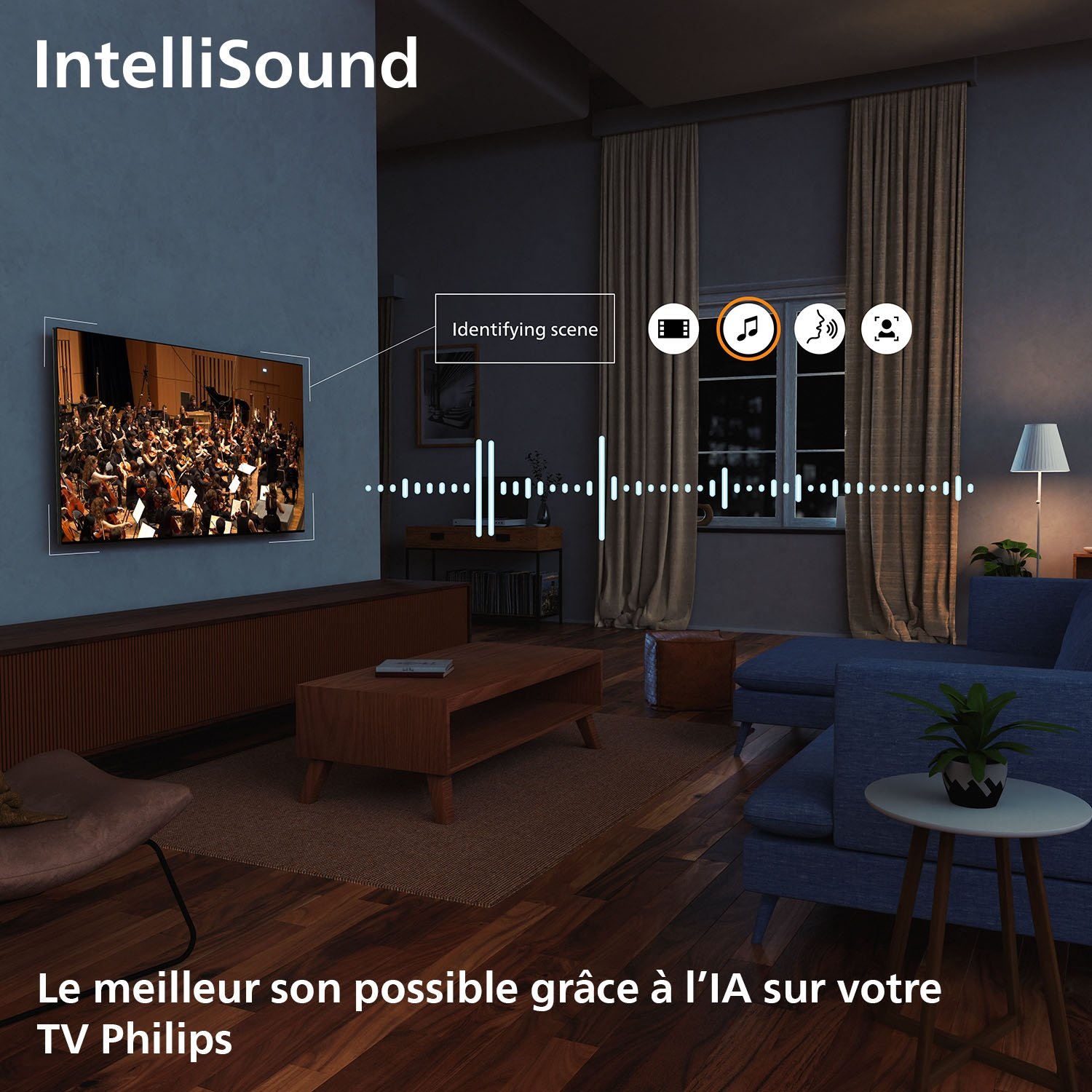 Une scène de salon avec une télévision, un canapé et un tapis.
