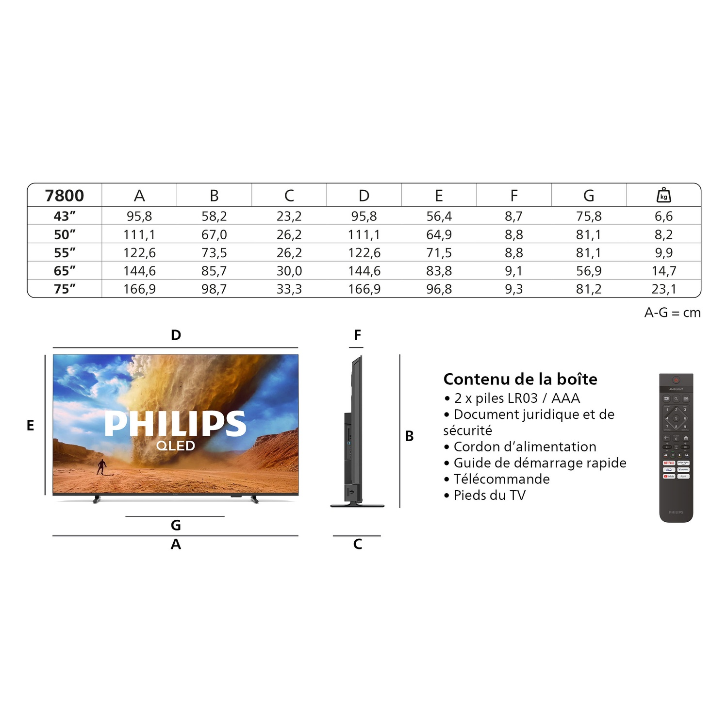Image d'un téléviseur Philips QLED avec tableau des dimensions, contenu de la boîte et télécommande.