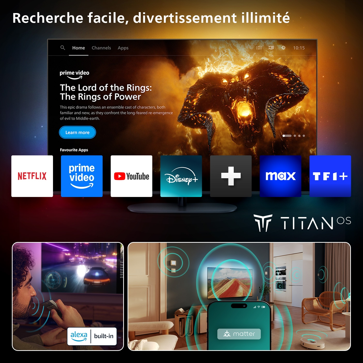 Écran de TV avec applications et services de streaming. Un homme utilise une télécommande. Texte 'Titan OS'.